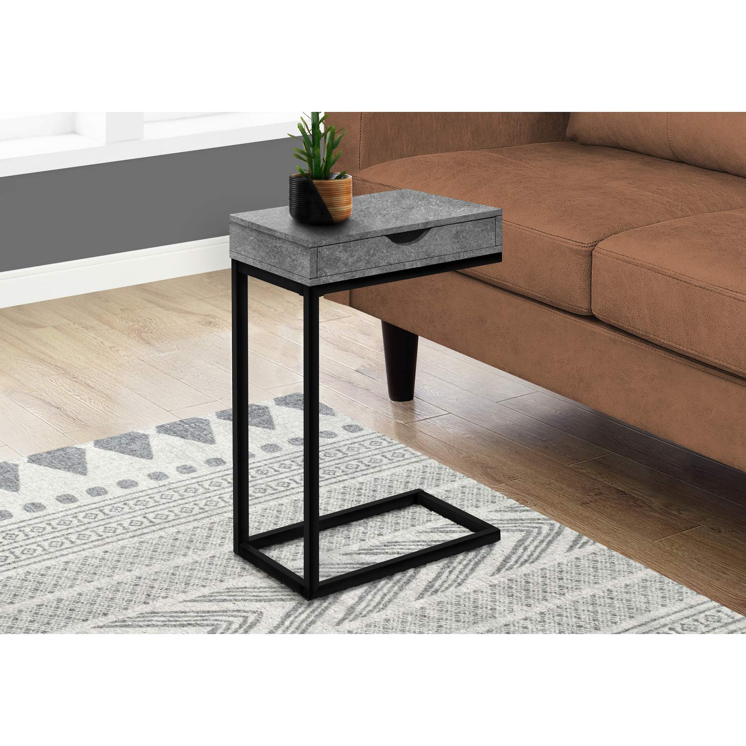 Monarch Specialties 3603, C-Shaped, End, Side, Snack, Storage Drawer, Living Room, Bedroom, Laminate, Contemporary, Modern Accent Table-Grey Stone-Look/Black Metal, 16&quot; L X 10.25&quot; W X 24.5&quot; H