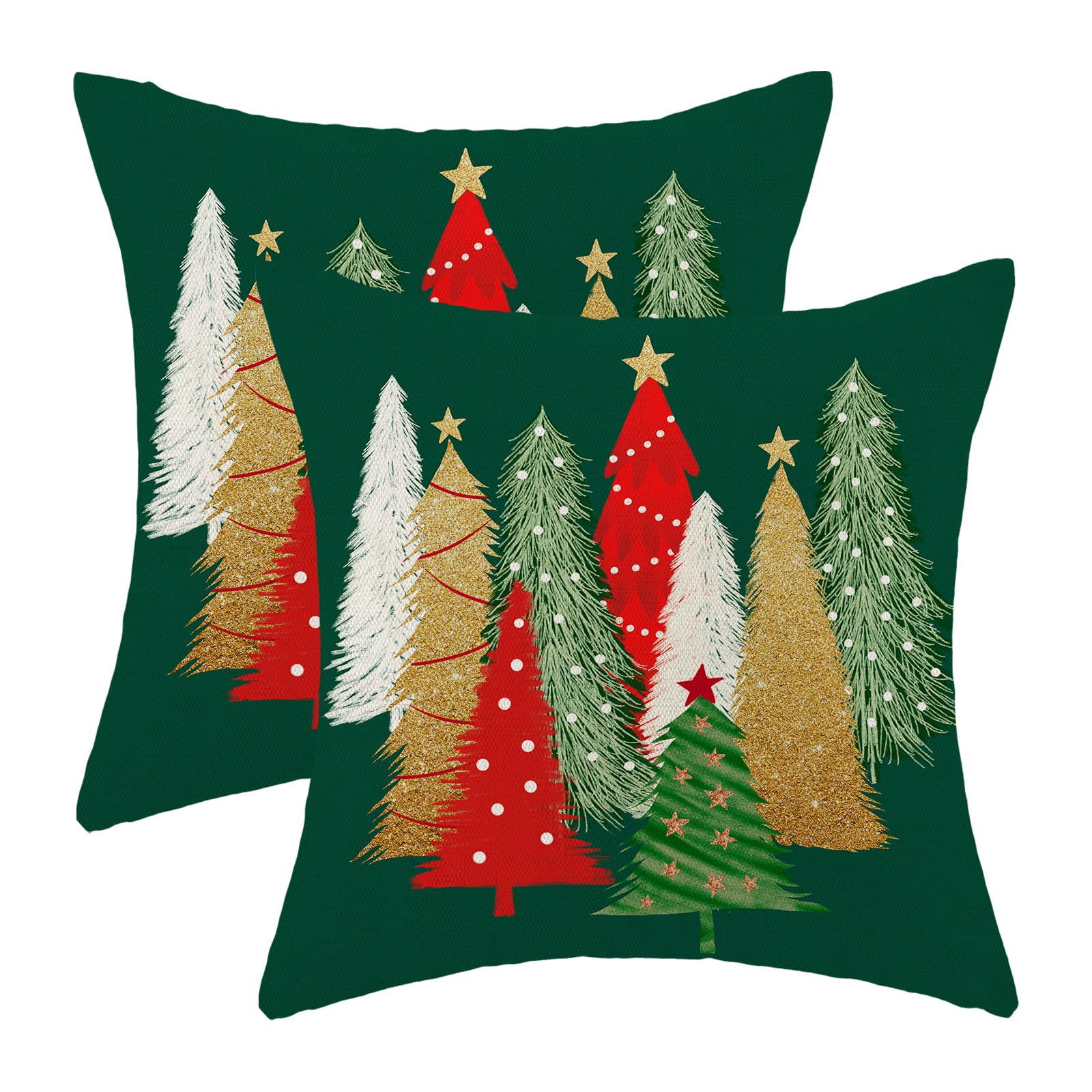 Aeioae Christmas Pillow Covers 18X18 Inch Set Of 2 Colorful Christmas Tree Throw Pillows Case, Stars Holiday Outdoor Decorative
