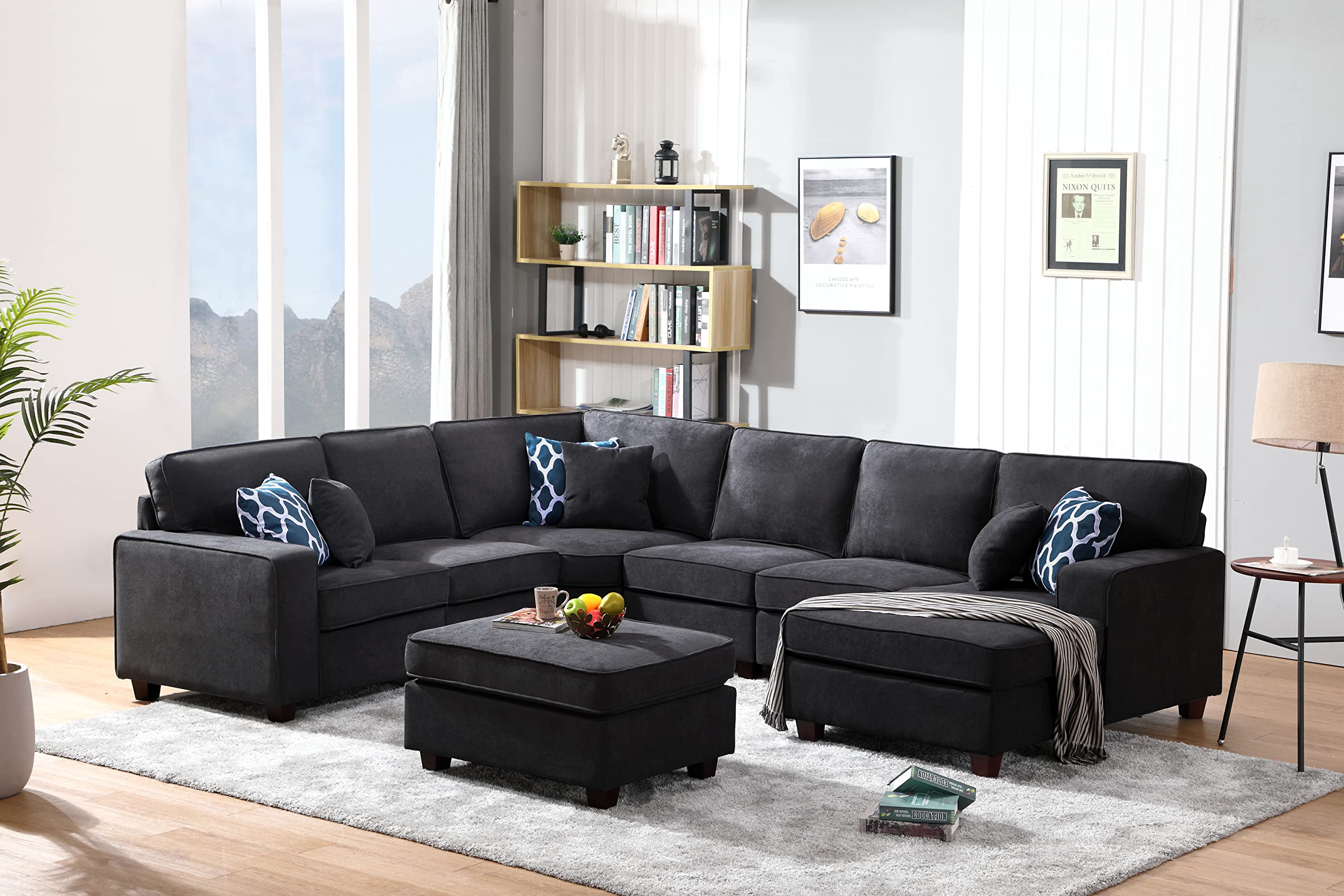 Lilola Home Jocelyn Dark Gray Woven 7Pc Modular L-Shape Sectional Sofa Chaise and Ottoman