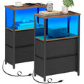 Tutotak Small Narrow Led End Table With Charging Station, Side Table Outlets, Nightstand With 2 Cloth Drawers, Set Of 2, Couch Table, For Living Room, Bedroom, Bedside, Brown And Black Tb01Bb056K