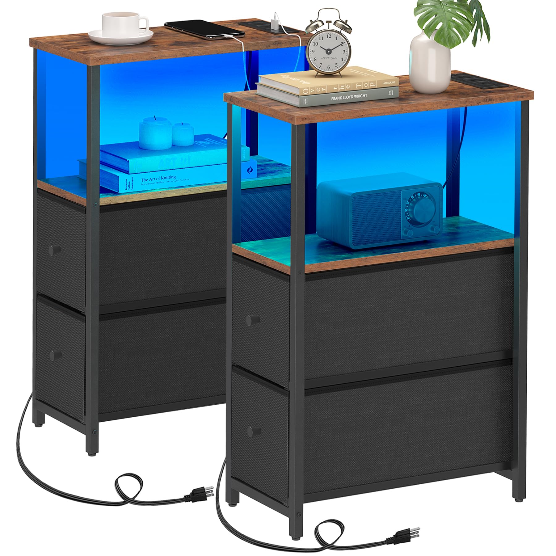 Tutotak Small Narrow Led End Table With Charging Station, Side Table Outlets, Nightstand With 2 Cloth Drawers, Set Of 2, Couch Table, For Living Room, Bedroom, Bedside, Brown And Black Tb01Bb056K