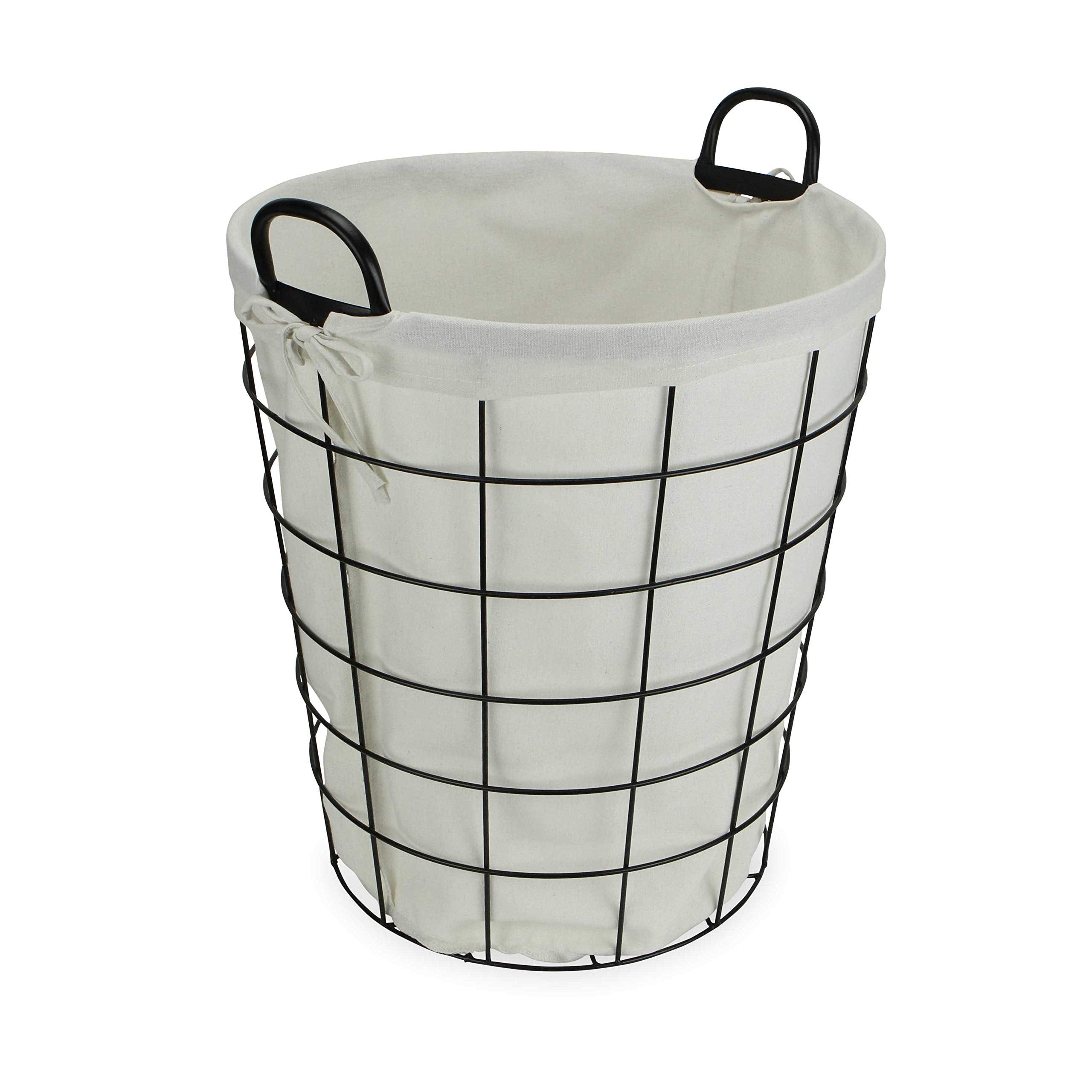 HomeRoots Large White Fabric Lined Metal Laundry Type Basket With Handle