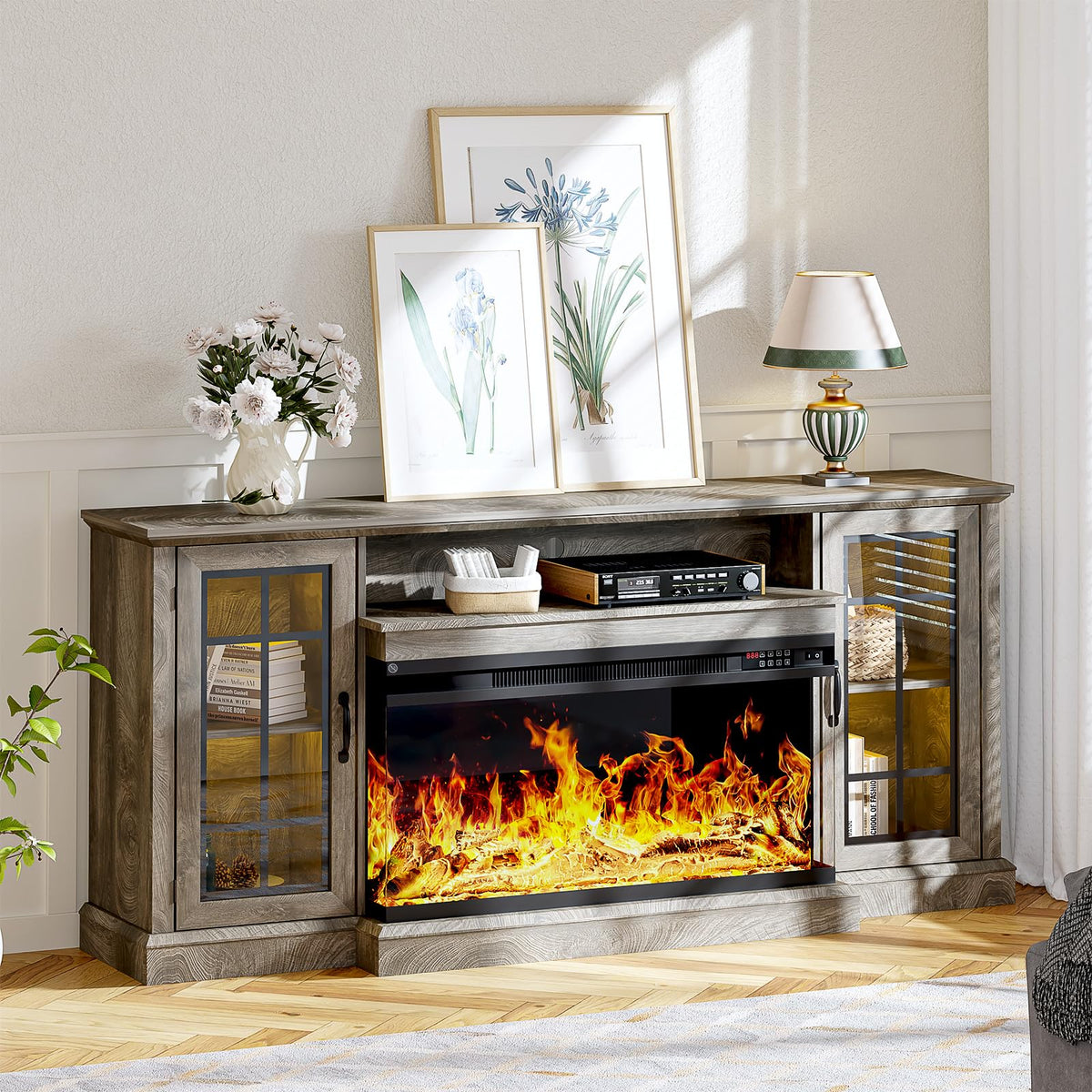 Nordivale 70 ' ' Fireplace Tv Stand, 3 Sided Glass Tv Stand With Electric Fireplace, Media Entertainment Center Console Table Fo