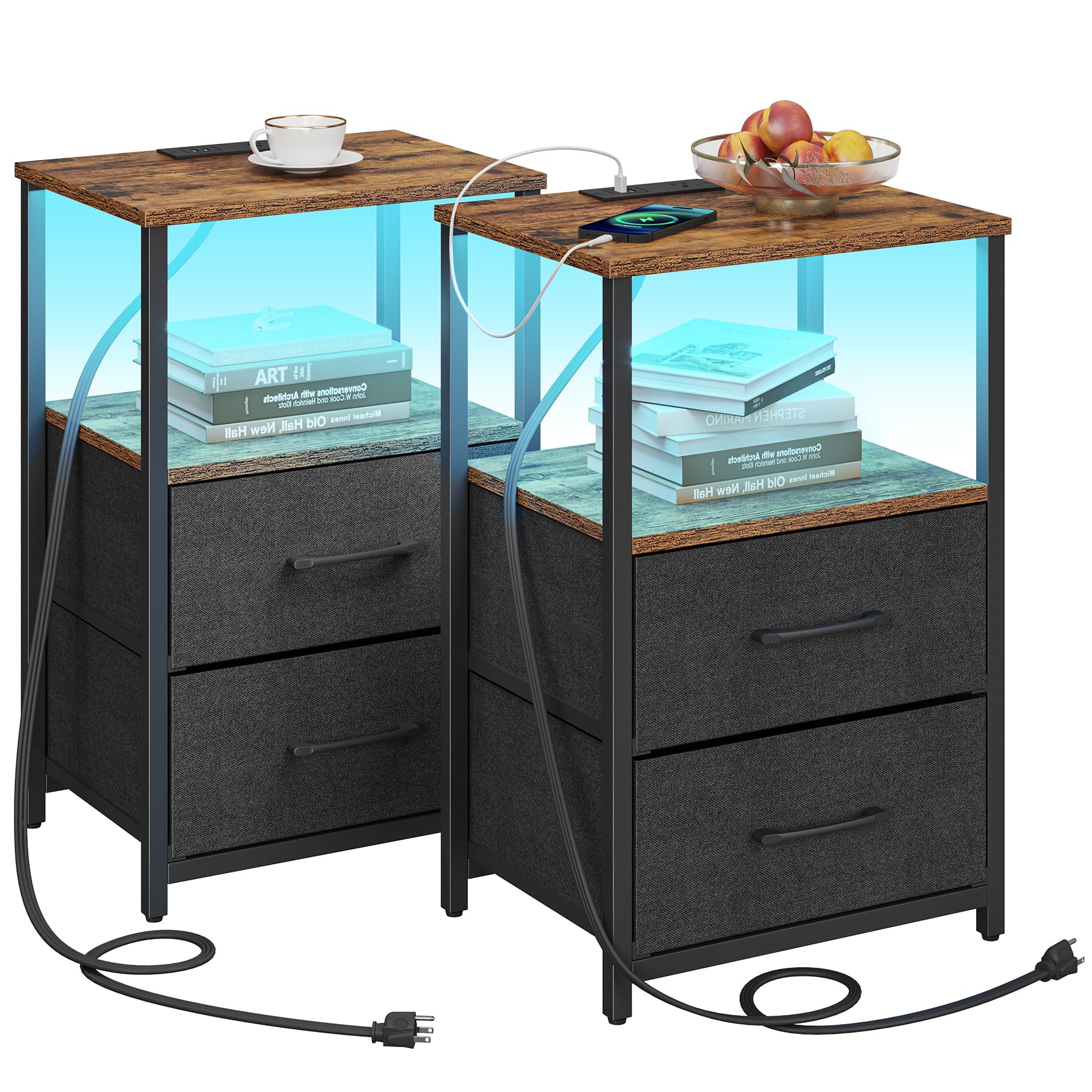 Tutotak Led End Table With Charging Station, Nightstand With Cloth Drawer, Side Table With 1 Usb Port And 1 Type-C Port, Set Of 2, Couch Table, Brown And Black Tb01Bb052Kl