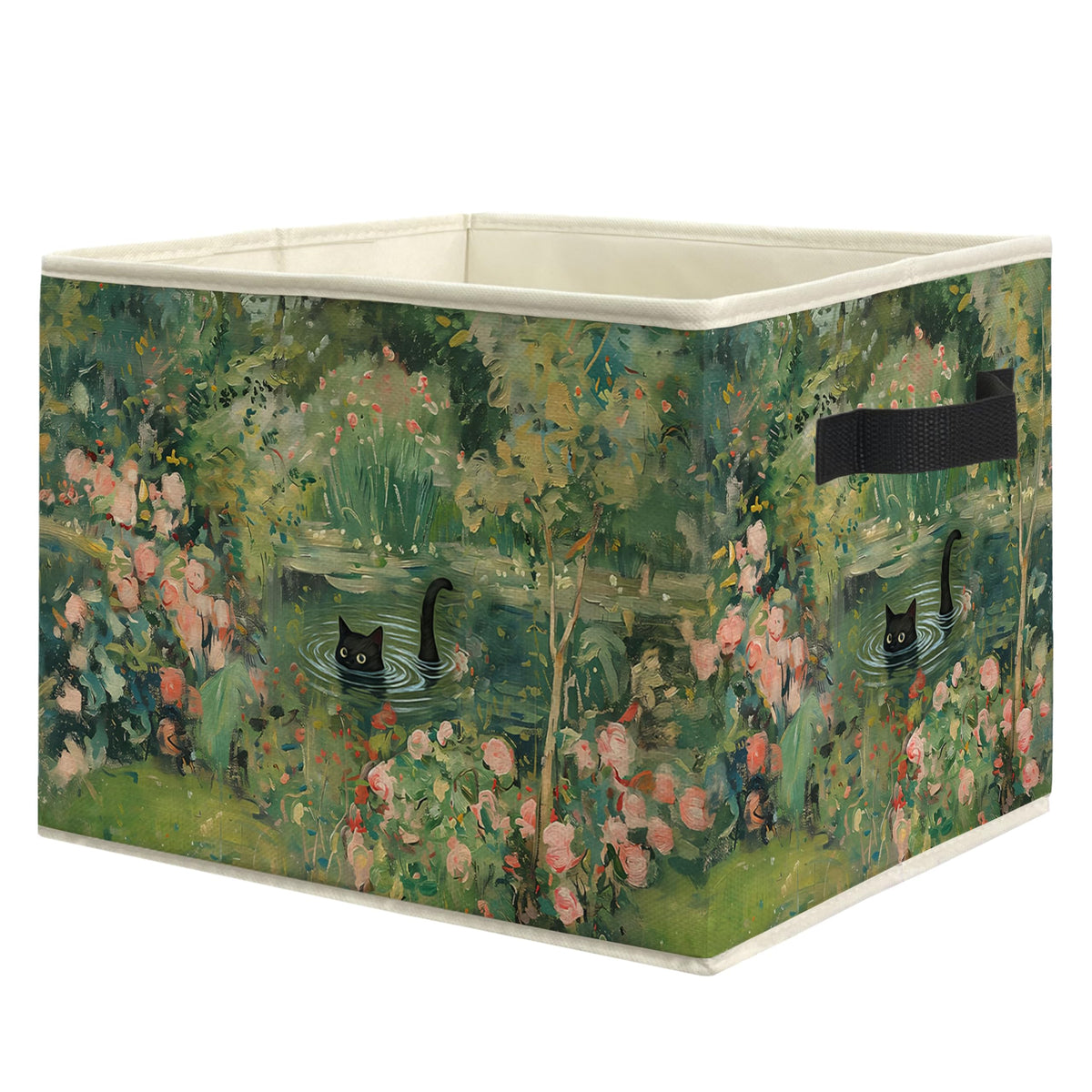 EVIHCG Fantasy Floral Black Cat Storage Bins Box with Handles, Whimsical Water Lily Pond Black Cat Collapsible Laundry Basket Ha