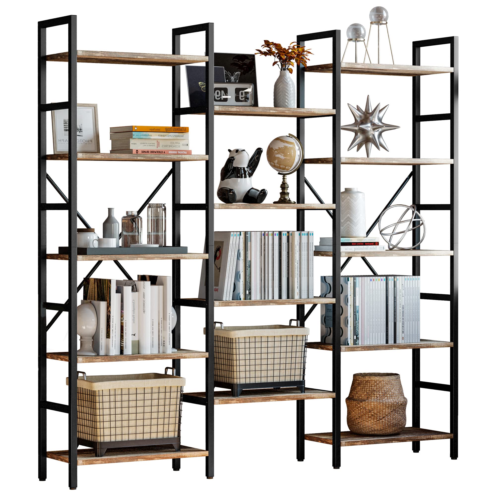 IRONCK Bookcases and Bookshelves Triple Wide 5 Tiers Industrial Bookshelf, Large Etagere Bookshelf Open Display Shelves with Met