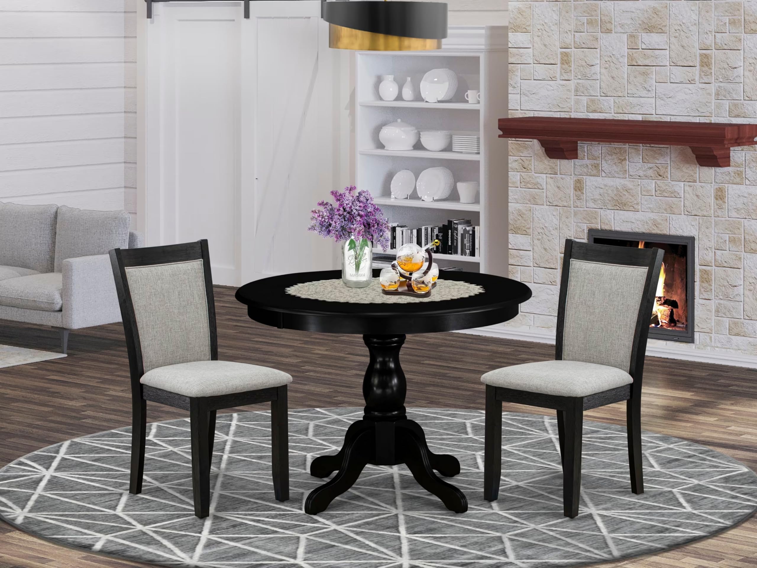 East West Furniture HBMZ3-AB6-06 3 Piece Kitchen Table Set Contains a Round Dining Table with Pedestal and 2 Shitake Linen Fabric Upholstered Chairs, 42x42 Inch, Wirebrushed Black
