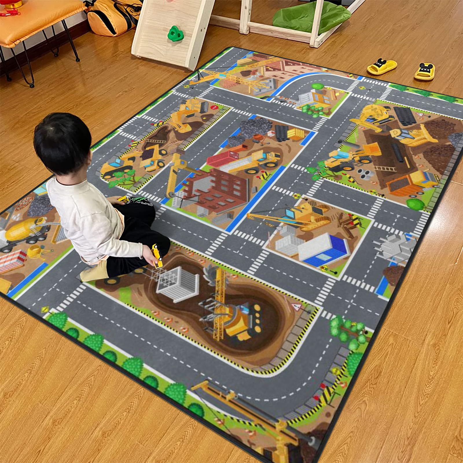 Engree Kids Rug, Construction Site Playmat Rugs - 5X7 Ft Kids Carpet With Rubber Backing, Construction Vehicles Play Mat Nursery