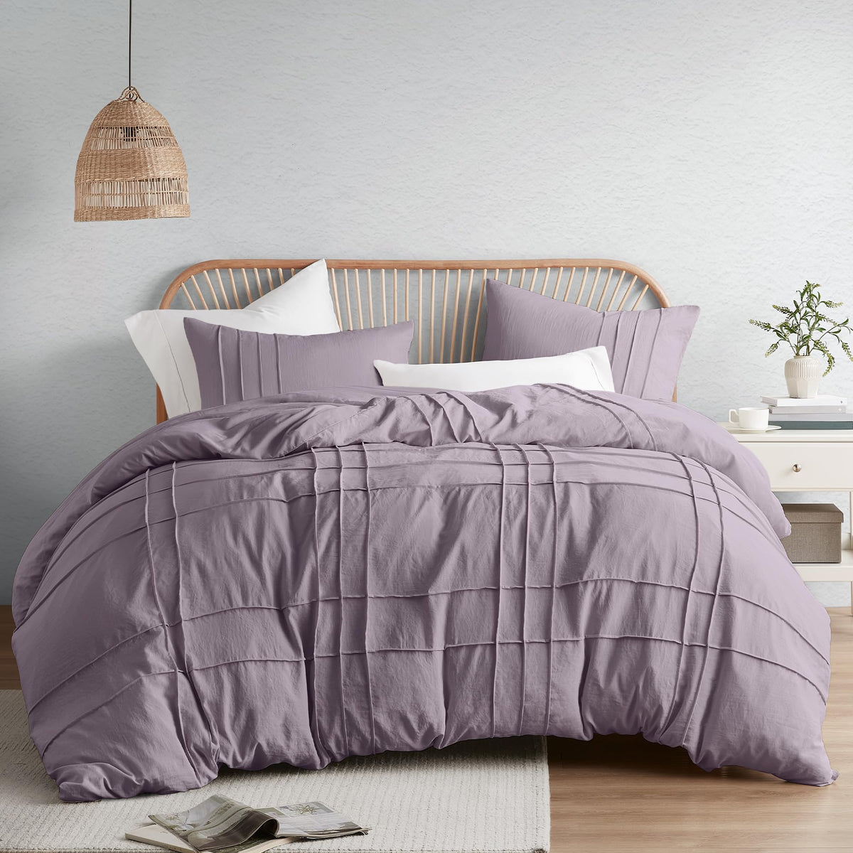Comfort Spaces Purple Cal King Size Duvet Cover Set - 3-Pc Pintuck Pleated Duvet, All Season Lightweight, Extra Softness Pre-Was