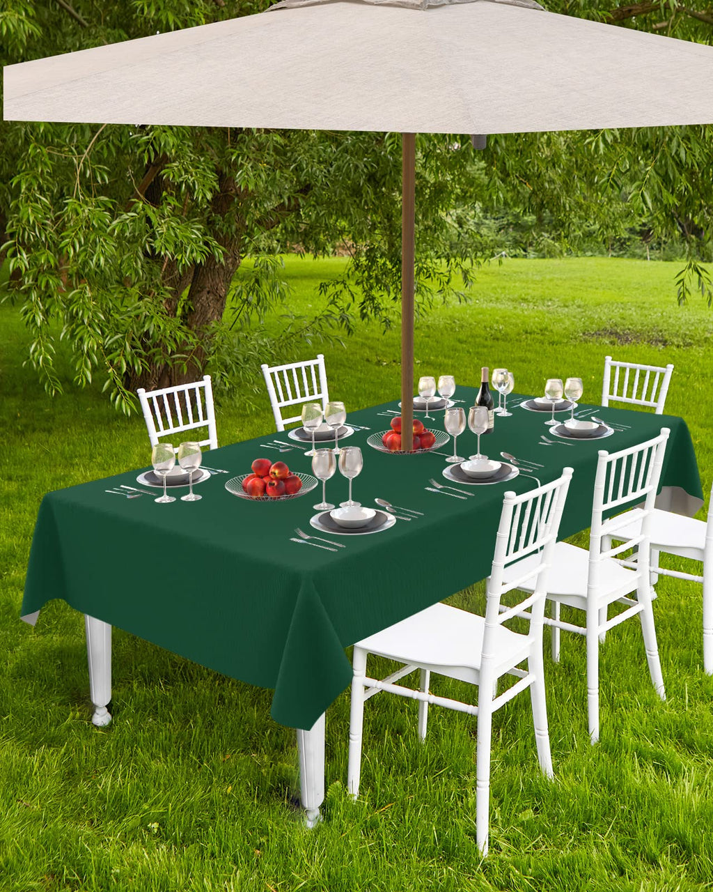 Queenker Sea Green Outdoor Tablecloth With Umbrella Hole And Zipper, Solid Color Table Cover For Rectangle Tables Waterproof Tab