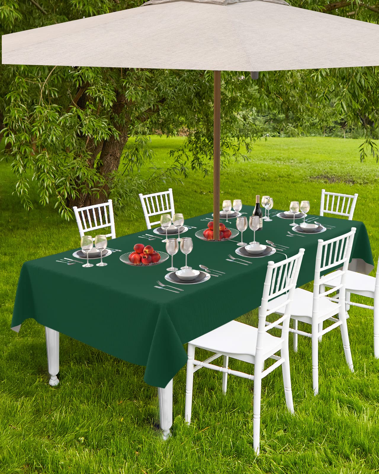 Queenker Sea Green Outdoor Tablecloth With Umbrella Hole And Zipper, Solid Color Table Cover For Rectangle Tables Waterproof Tab