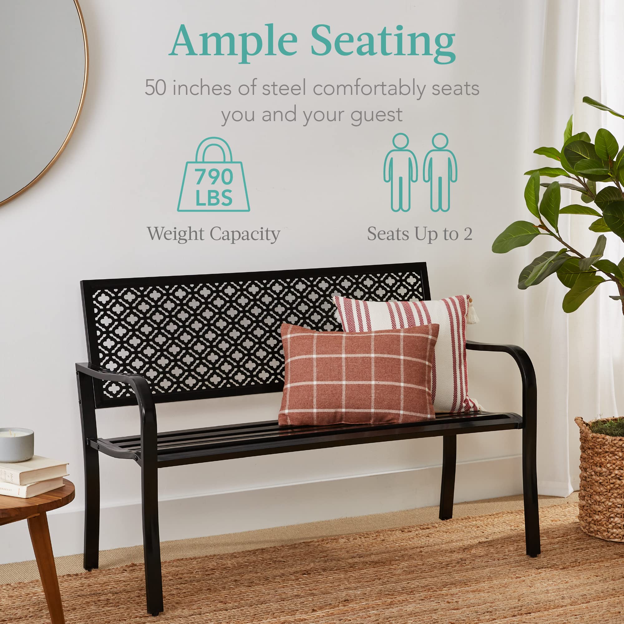 Best Choice Products Outdoor Bench 2-Person Metal Steel Benches Furniture For Garden, Patio, Porch, Entryway W/Geometric Backrest, 790Lb Capacity – Black