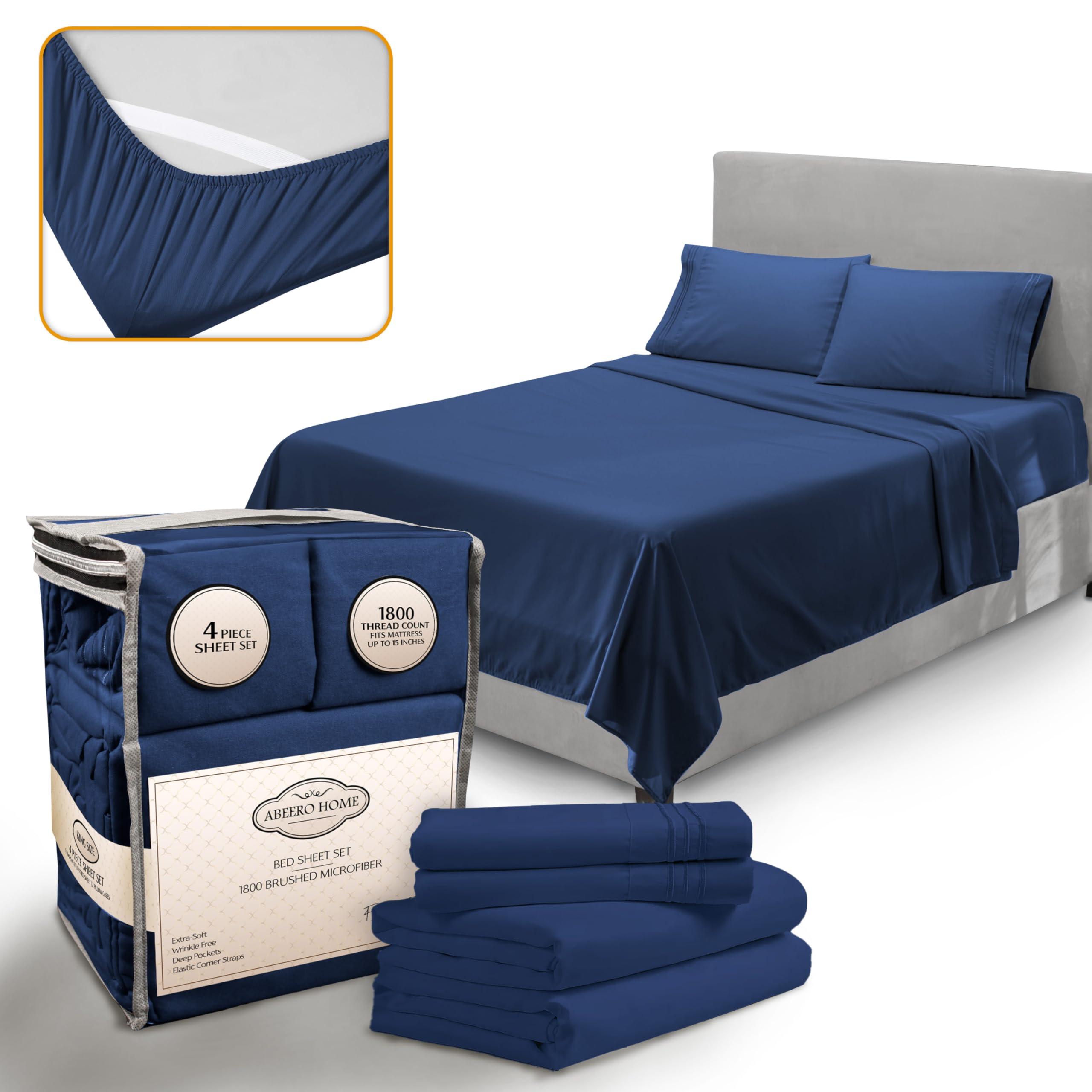 Abeero Home Full Size Bed Sheets Cooling - Luxury Hotel Sheet Set - Soft Sheet with Elastic Corner Strap - Deep Pocket Microfibe
