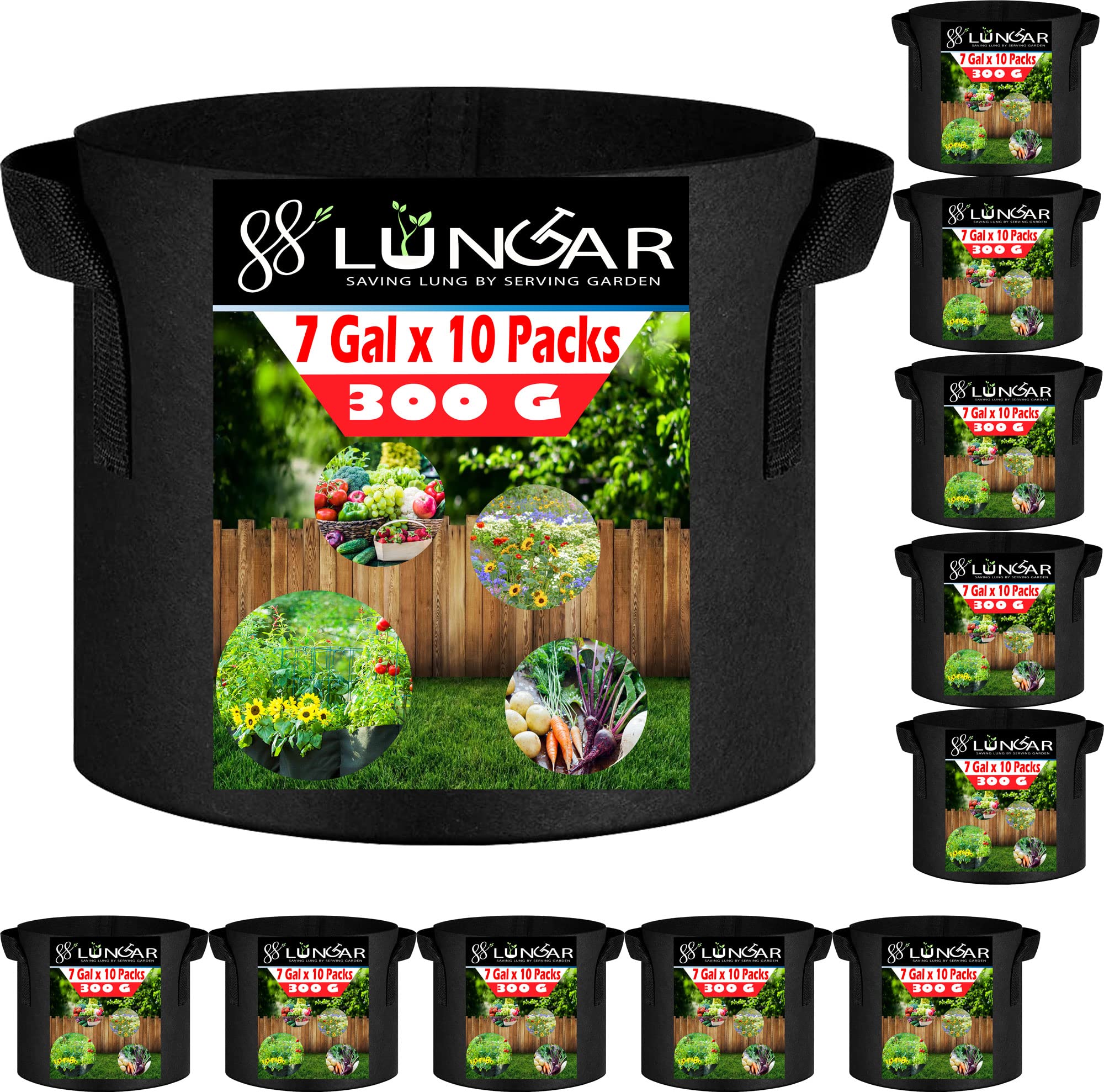 Lungar Plant Grow Bags - 7 Gallon 10 Packs Planter Pot, Thickest Aeration 300G Non-Woven Fabric, Reinforced Handles For Weatherp