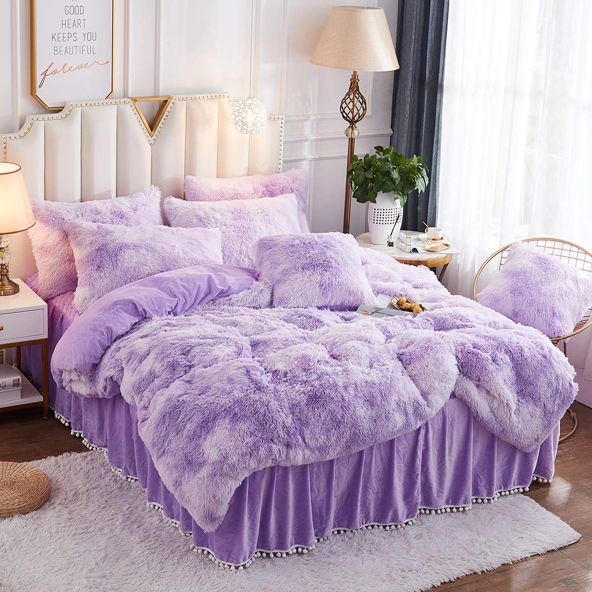 Jauxio Luxury Abstract Faux Fur Bedding Set Tie Dye Printed Shaggy Duvet Cover With Pillowcase Soft Crystal Velvet Reverse (Twin