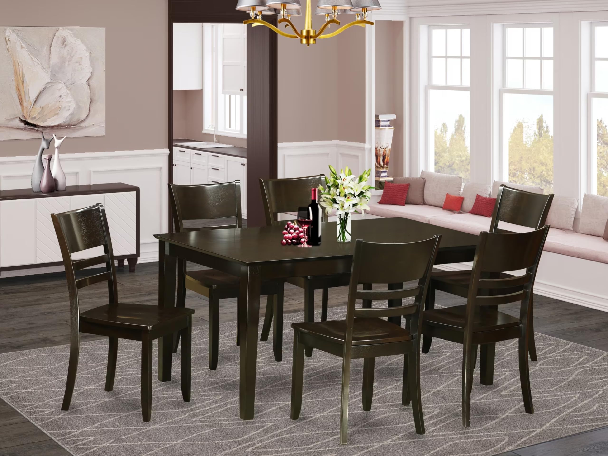 East West Furniture CALY7-CAP-W Capri 7 Piece Modern Set Consist of a Rectangle Wooden Table and 6 Dining Room Chairs, 36x60 Inch, Cappuccino