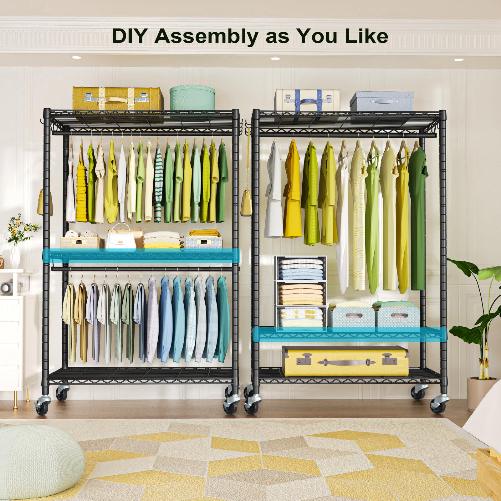 Futassi P3 Plus Rolling Clothes Rack, Clothing Racks For Hanging Clothes, Heavy Duty Garment Rack With Wheels, Freestanding Port