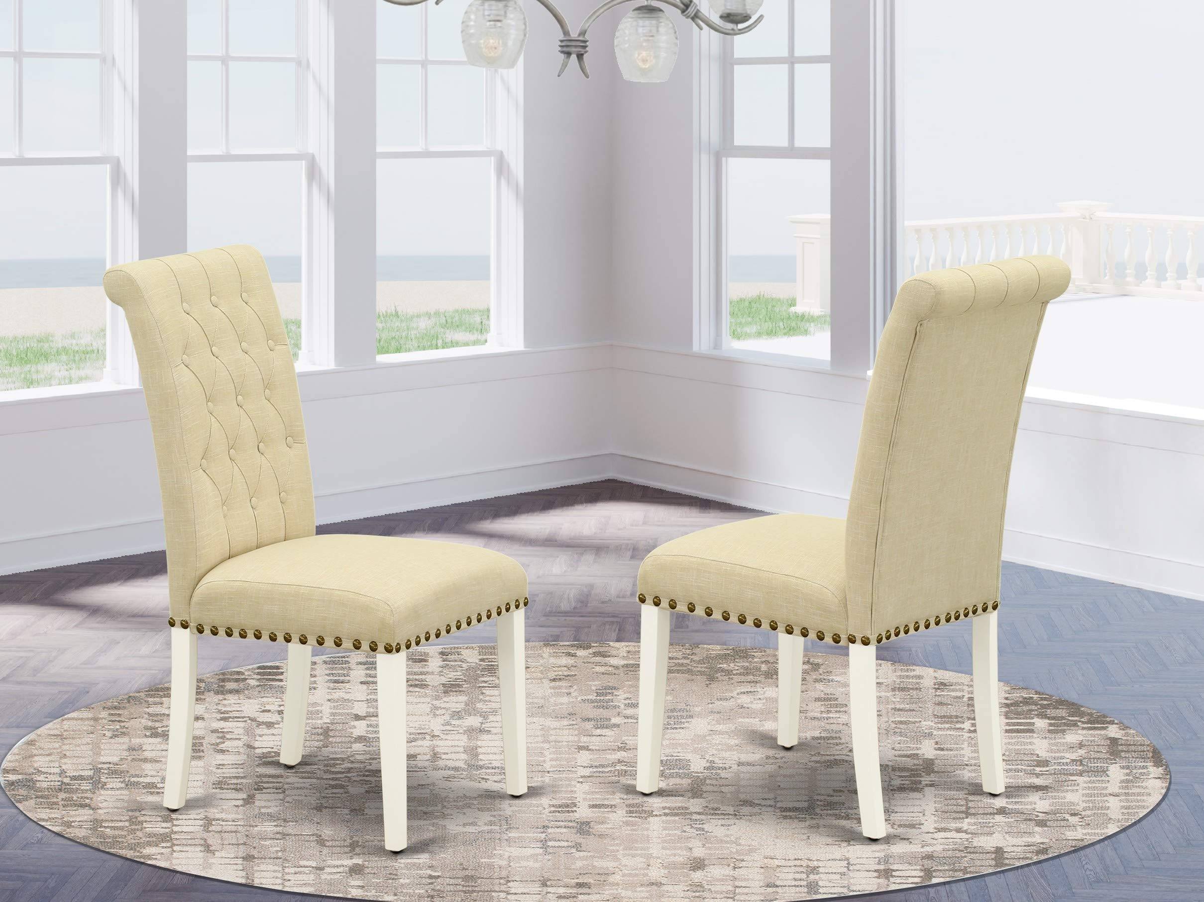 East West Furniture Brp2T02 Bremond Parsons Dining Chairs - Button Tufted Nailhead Trim Light Beige Linen Fabric Upholstered Chairs, Set Of 2, Linen White