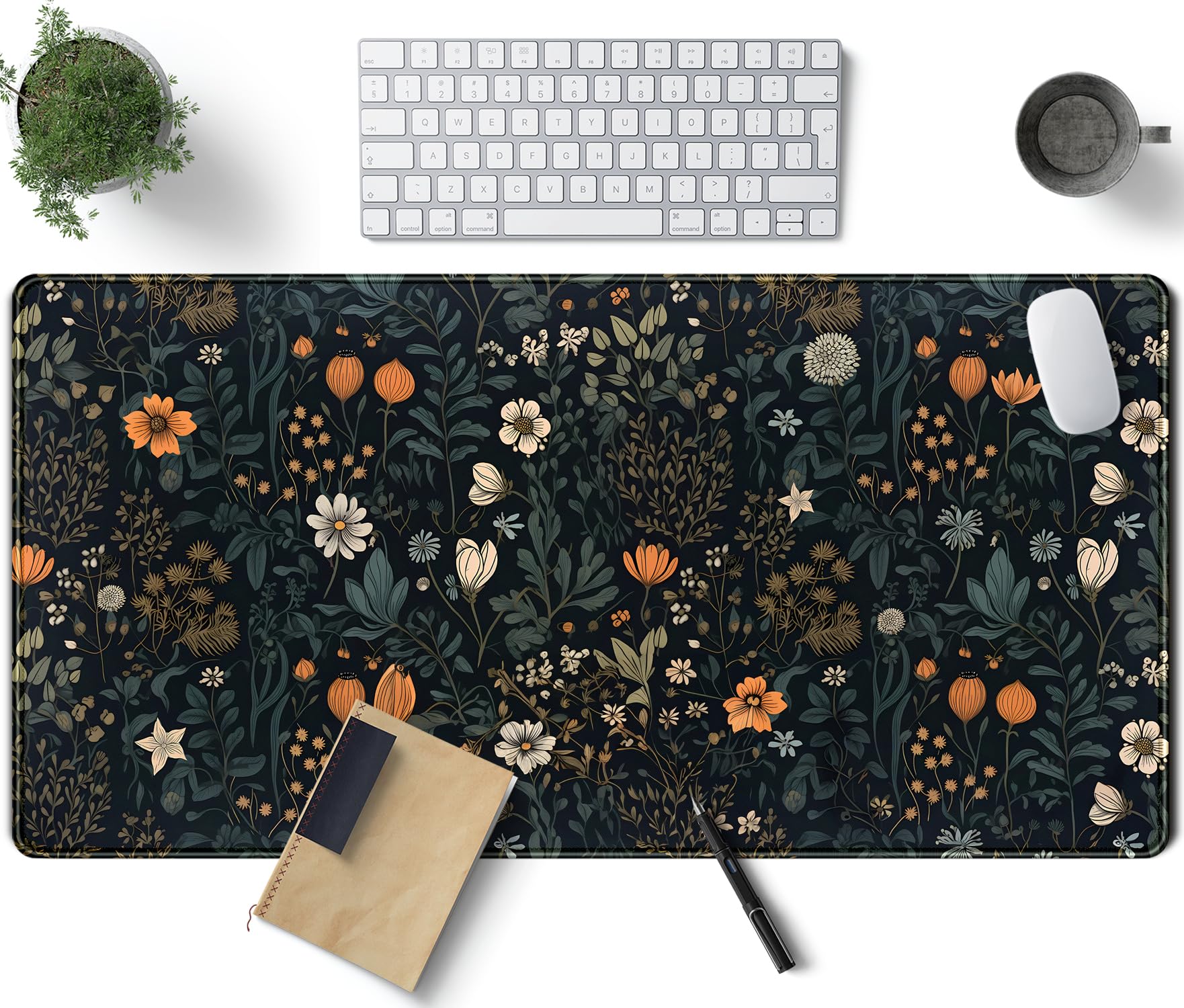 Cute Dark Floral Desk Mat Vintage Flowers Plant Mouse Pad Xxl Large Extended Gaming Mousepad Women Office Decor Desk Pad, Big La