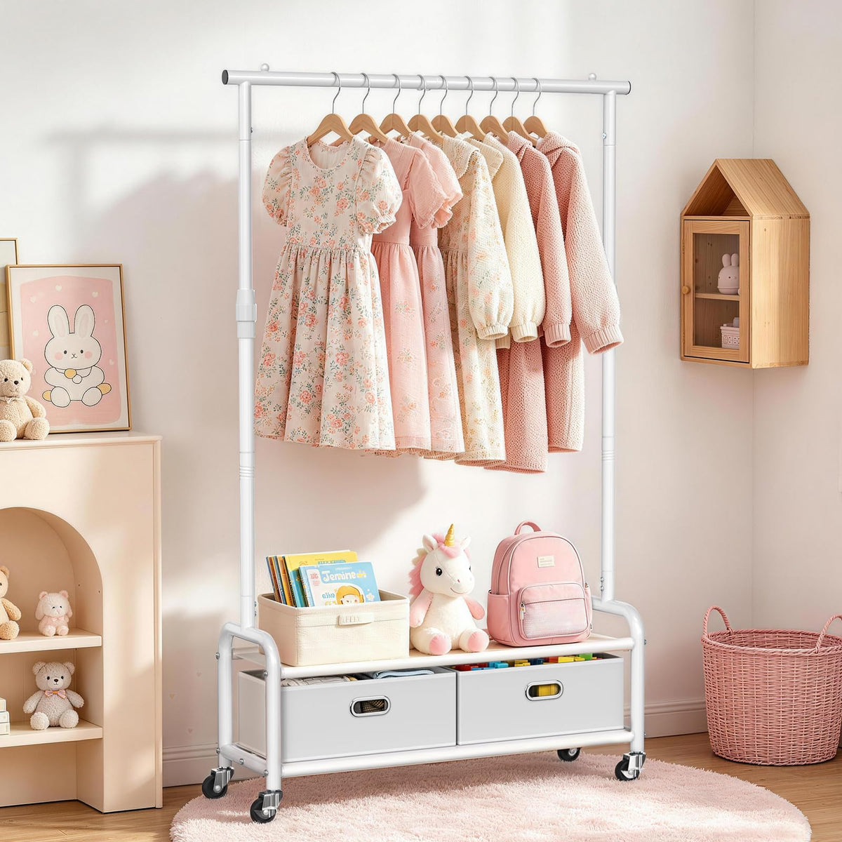 ZHKINGGS Rolling Kids Clothing Rack: Adjustable Height Dress Up Rack