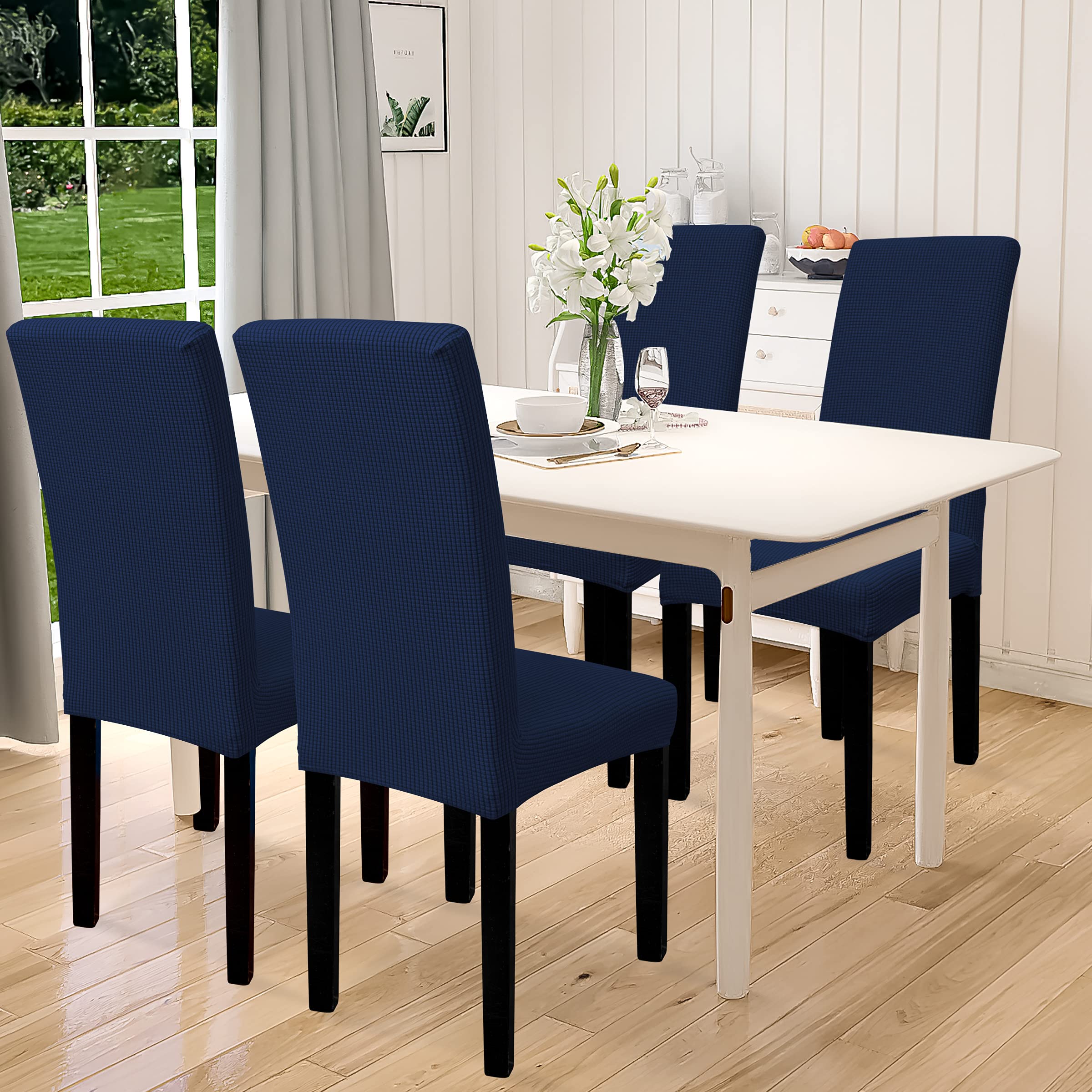 Easy-Going 100% Waterproof Dining Room Chair Cover Set Of 4, Stretch Jacquard Parson Chair Slipcover Removable Washable Chair Protector For Home, Restaurant, Banquet (Large, Navy)