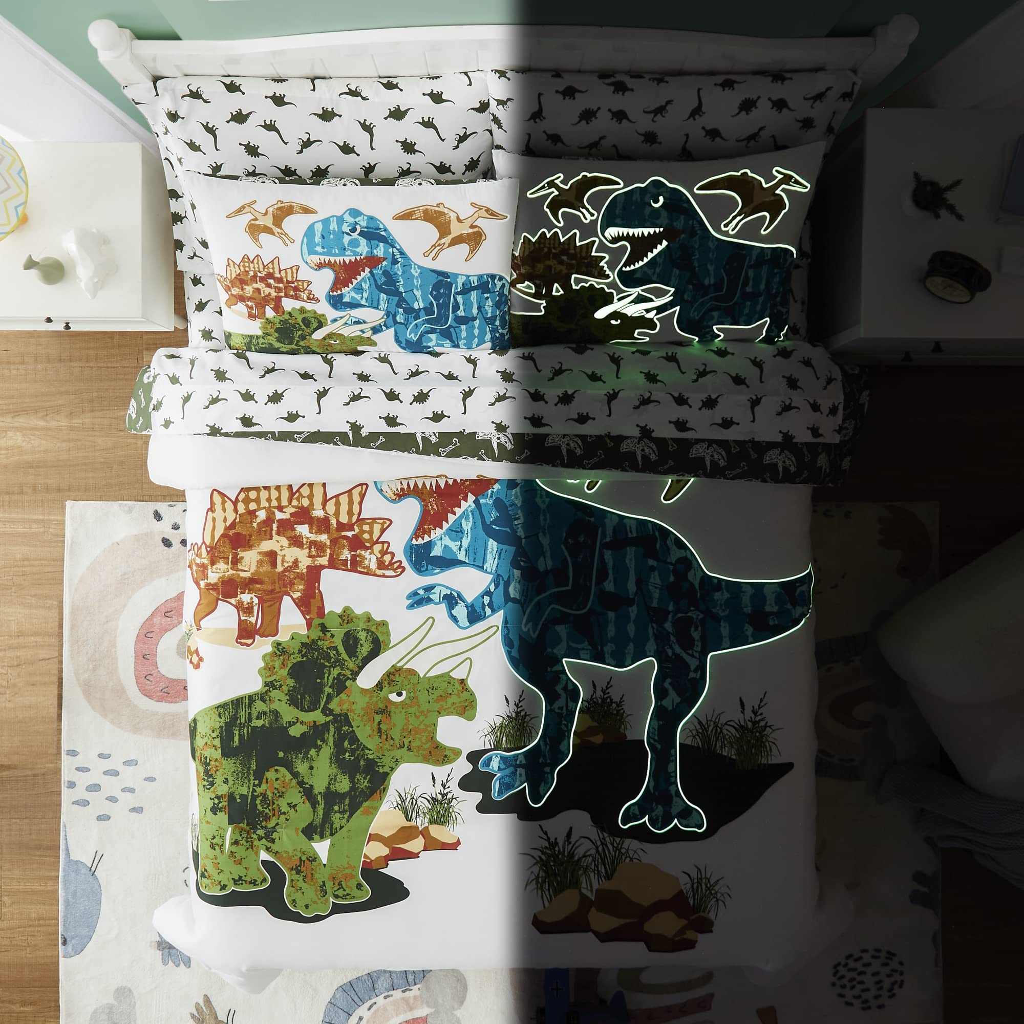 Kaleido Space Kaleidospace Gilrs Boys Full Size Bedding Set, 7 Piece Glow In The Dark Dinosaur Bed In A Bag-1 Comforter,2 Pillow