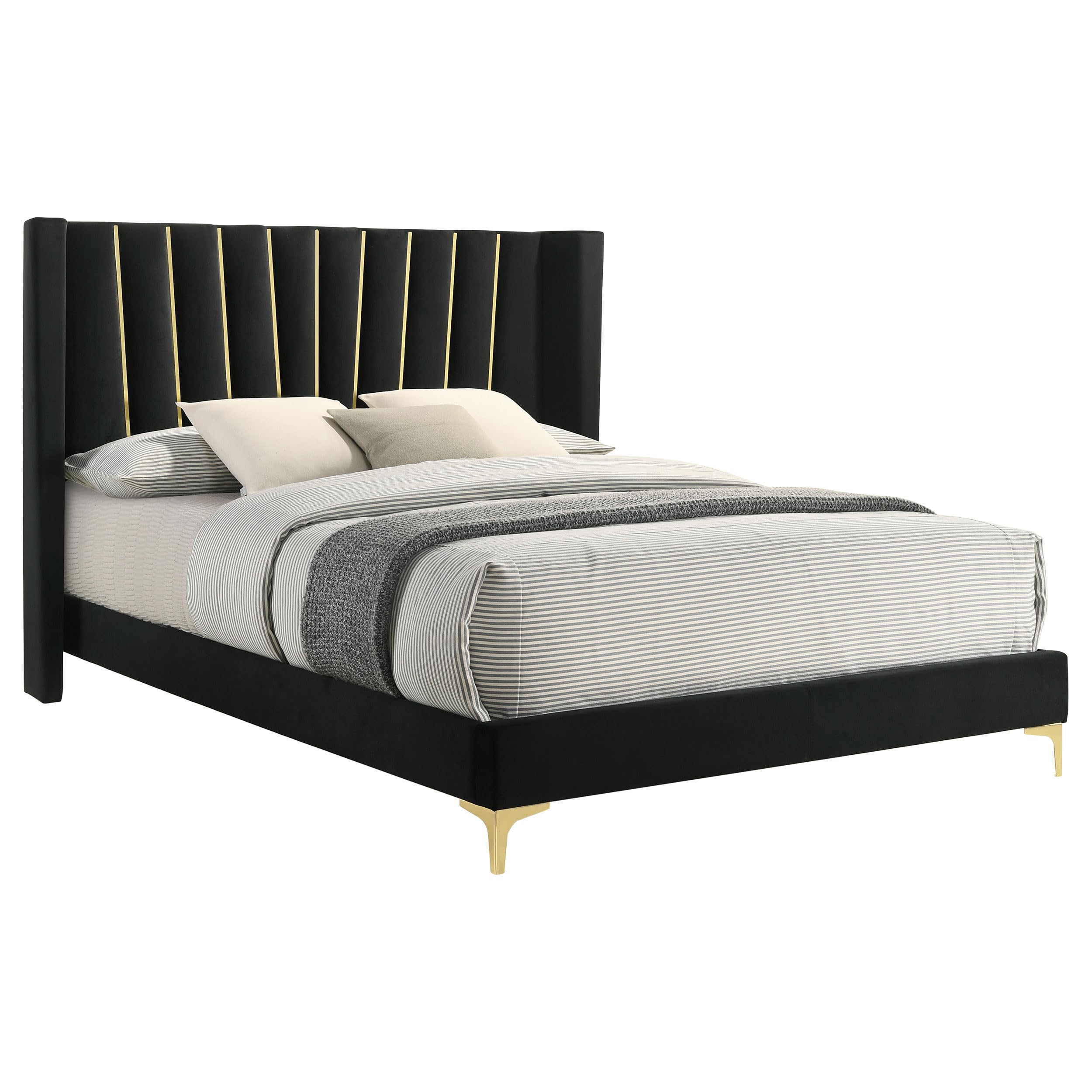 Coaster Home Furnishings Kendall 52-Inch Upholstered Bed Queen Size Modern Panel Bed Frame Velvet Upholstery Channel Tufting with Gold Accents Black 301161Q