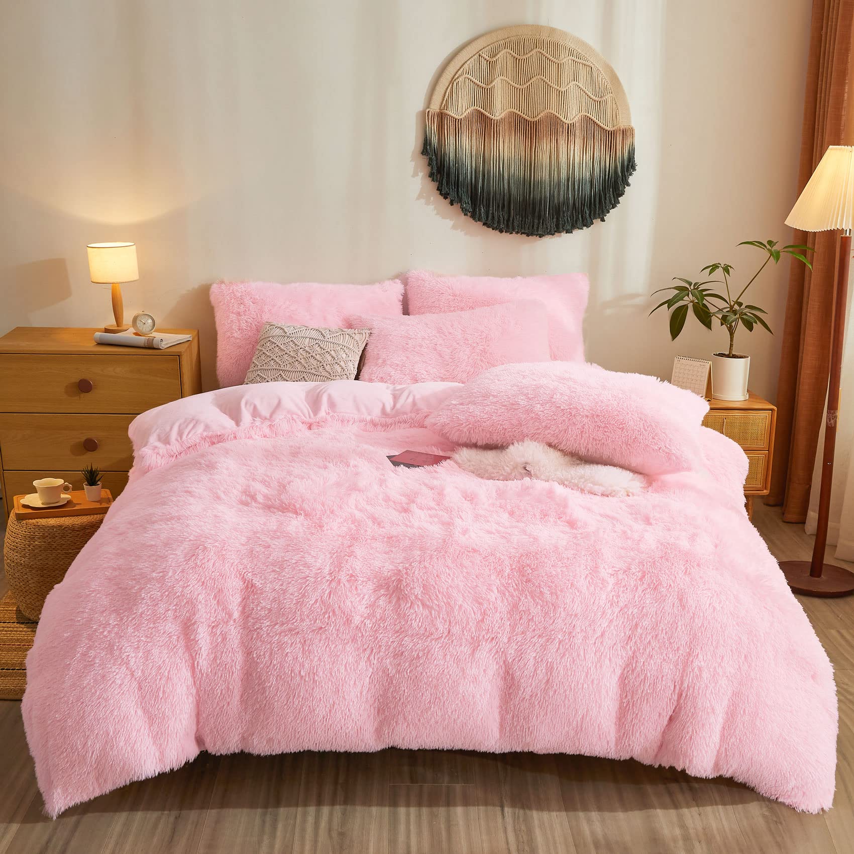 Pink Fluffy Comforter Cover, Ultra Soft Faux Fur Duvet Cover Bedding Sets 3 Pieces With Pillow Cases, Fluffy Bed Set Zipper Clos