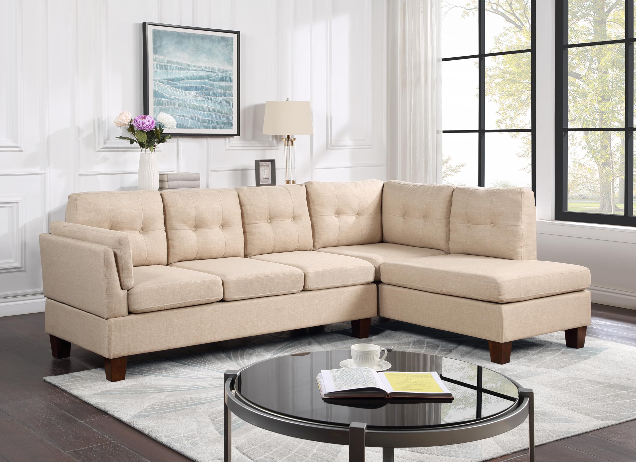 Dalia Khaki Linen Modern Sectional Sofa - Thumbnail 2