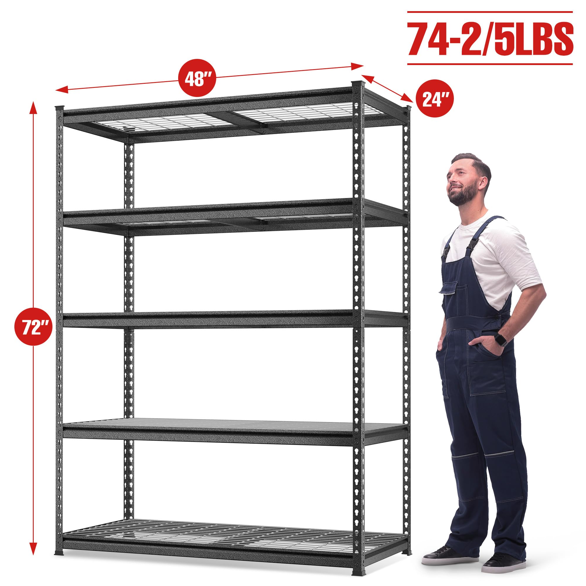 Workpro 4000Lbs Heavy Duty Shelving, 48”W X 24”D X 72”H, 5-Tier Storage Shelves, Adjustable Metal Shelving, Garage Shelving For Basement, Warehouse, Workshop, Black/Sliver, 10 Pack
