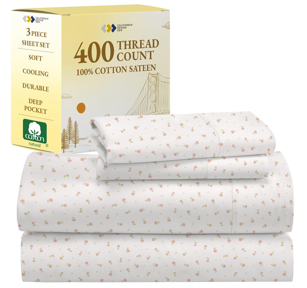 California Design Den Twin Floral Sheet Set - 400 Thread Count 100% Cotton Sateen Twin Size Sheets Set, Deep Pocket Sheets & Pil