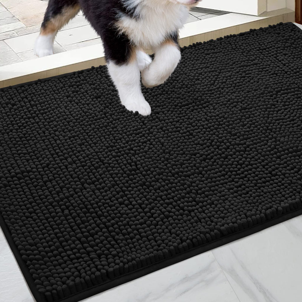Homeideas Absorbent Chenille Door Mat Indoor, 24“X36”, Dirt Trapper Machine Washable Non Slip Throw Rugs For Entryway, Entrance, Mud Room, Thick Welcome Doormat, Black