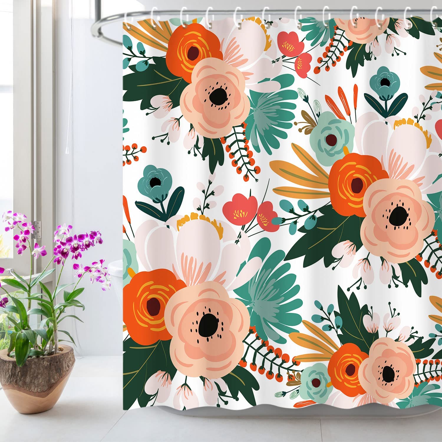 LIVILAN Floral Shower Curtain, Bohemian Flowers Shower Curtain Set, Colorful Red Pink Orange Blossom Poppy Shower Curtain with H
