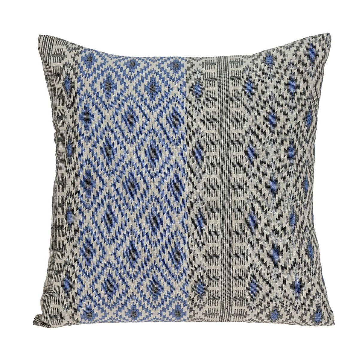 HomeRoots Beige 100% Cotton Gray and Blue Aztec Diamond Throw Pillow