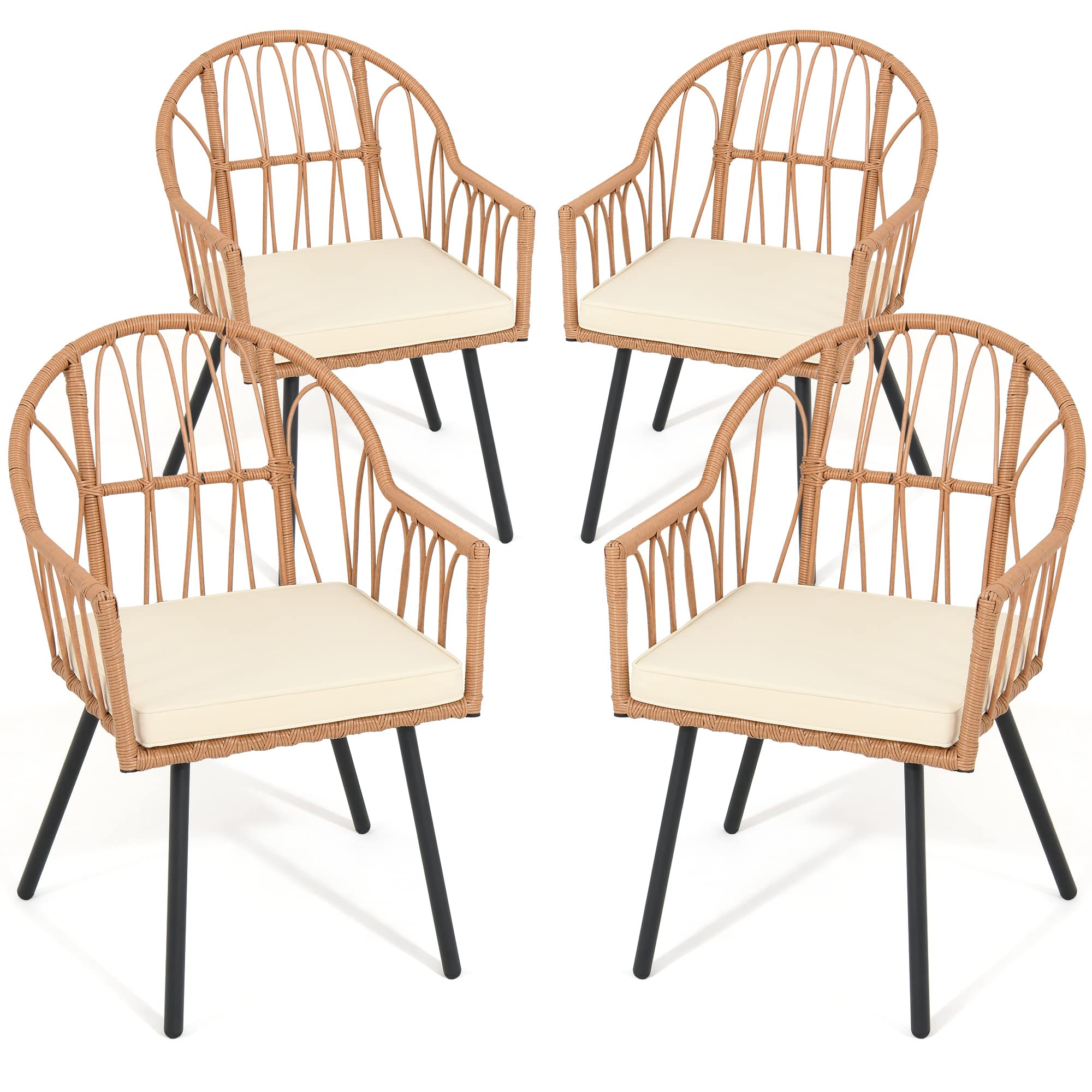 YITAHOME 4 Pieces Rattan Wicker Dinning Chairs, Outdoor Indoor Patio Furniture Set with Cushion and Curved Back All Weather Bist