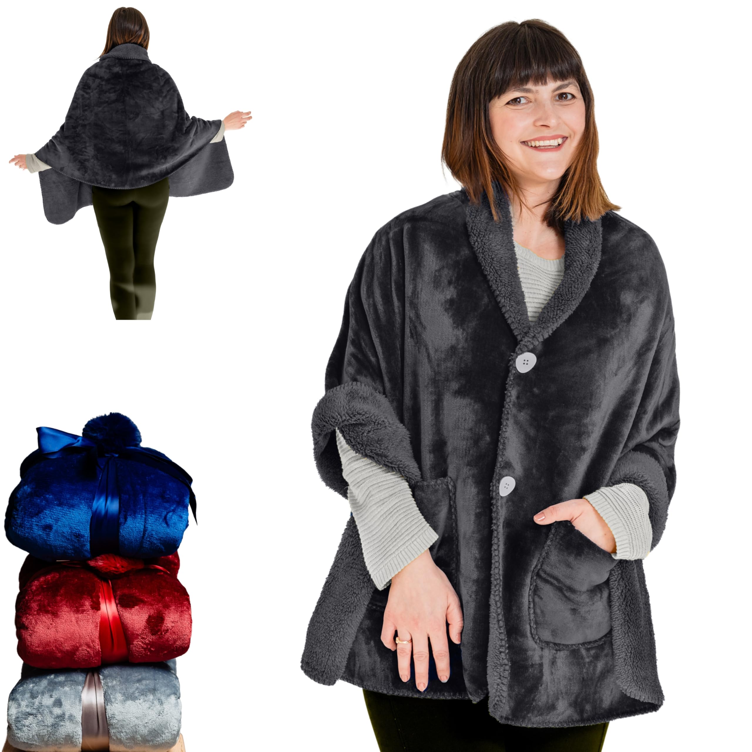 Ezrallora Premium Double Layer Wearable Blanket For Women -No Sleeves- Valentine'S Day Gifts For Her -Shawl With Pockets- Wrap B