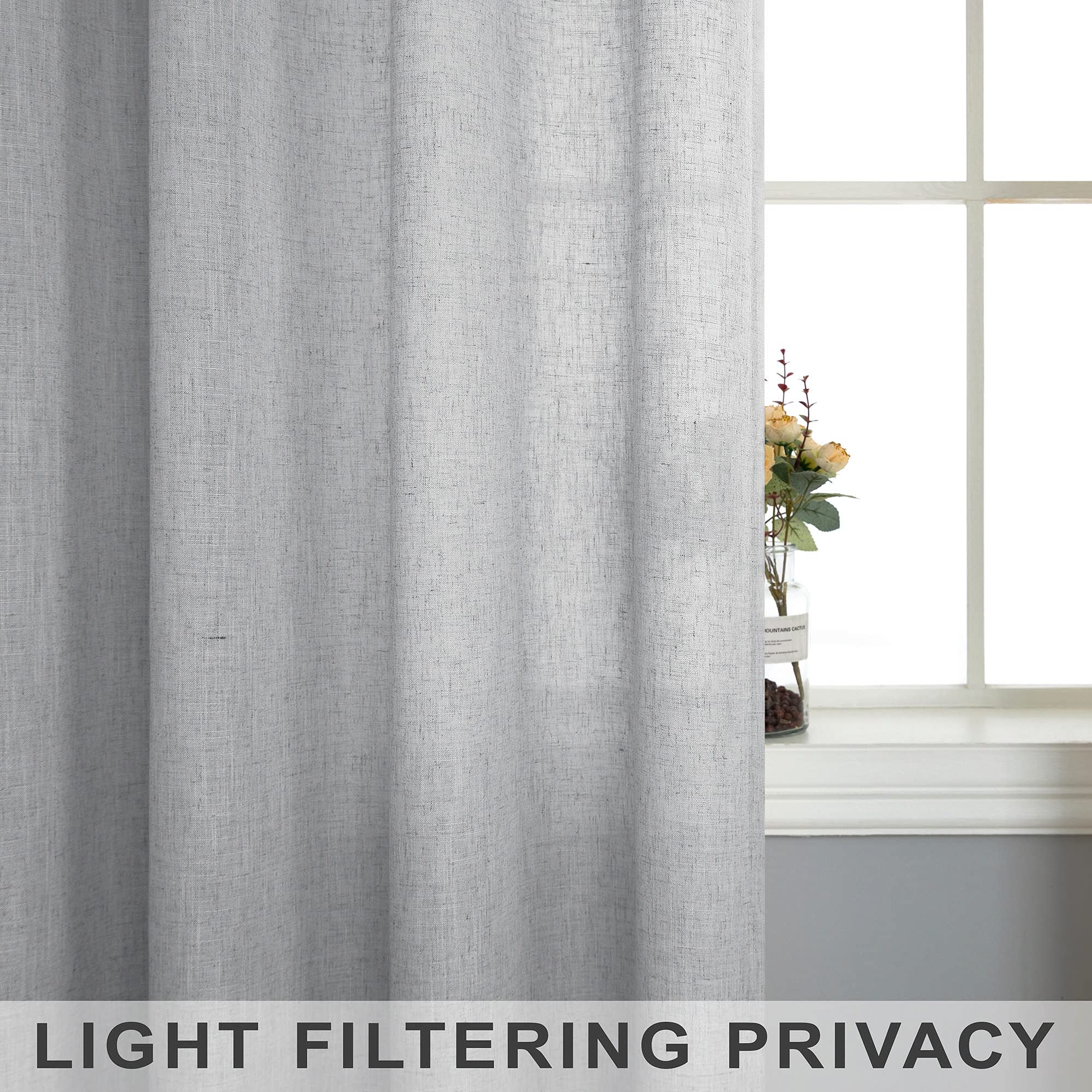 Mrs.Naturall Grey Curtains 90 Inches Long For Living Room 2 Panels Set Rod Pocket Draperies Flax Linen Blend Light Filter Semi Sheer Light Gray Curtain For Bedroom Closet Door Home Office 52X90 Length