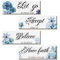 Joyhawk 4 Pieces Blue Flower Wall Decor For Bedroom, Accept-Let go-Have faith-Believe Wooden Inspirational Wall Art Decorations 