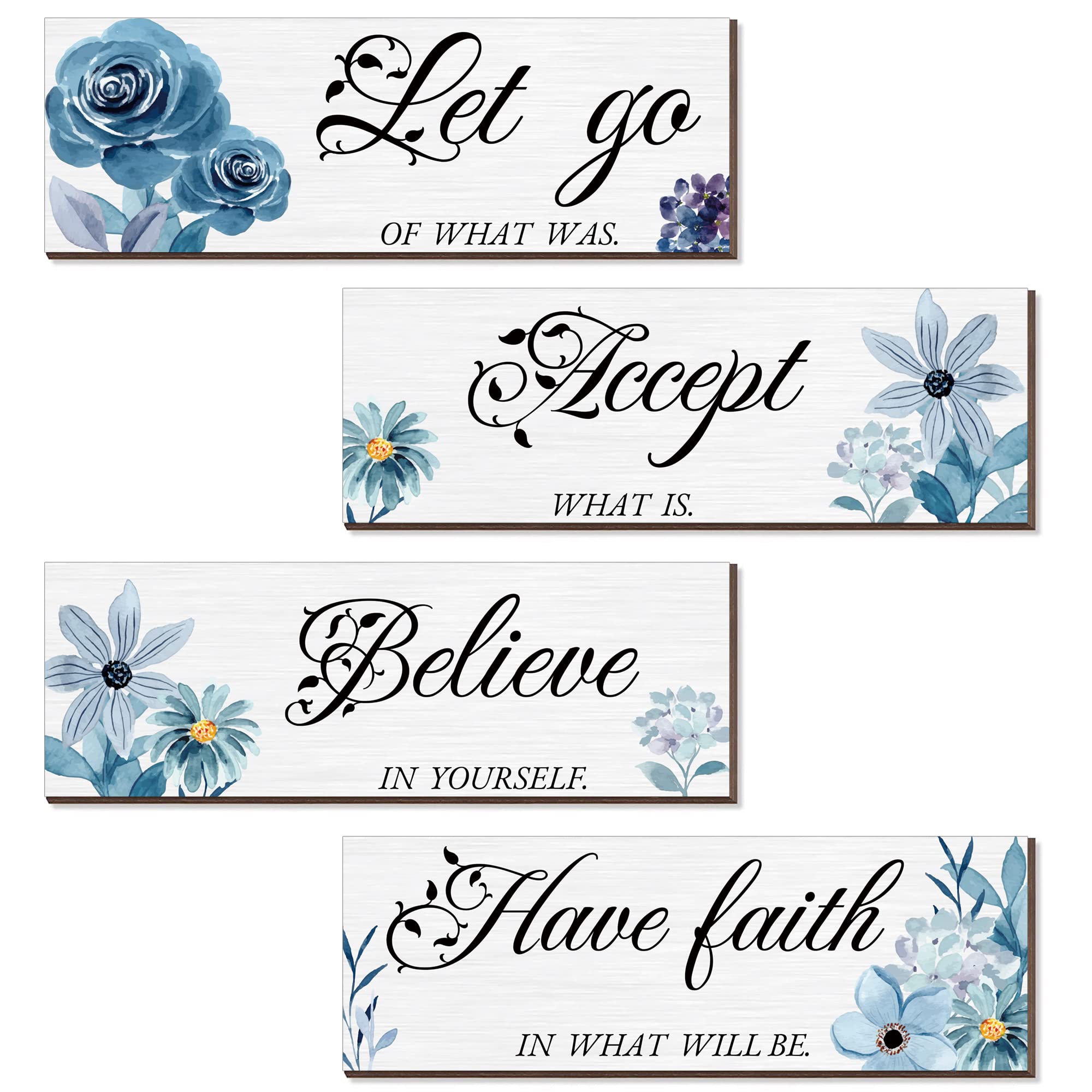 Joyhawk 4 Pieces Blue Flower Wall Decor For Bedroom, Accept-Let go-Have faith-Believe Wooden Inspirational Wall Art Decorations 