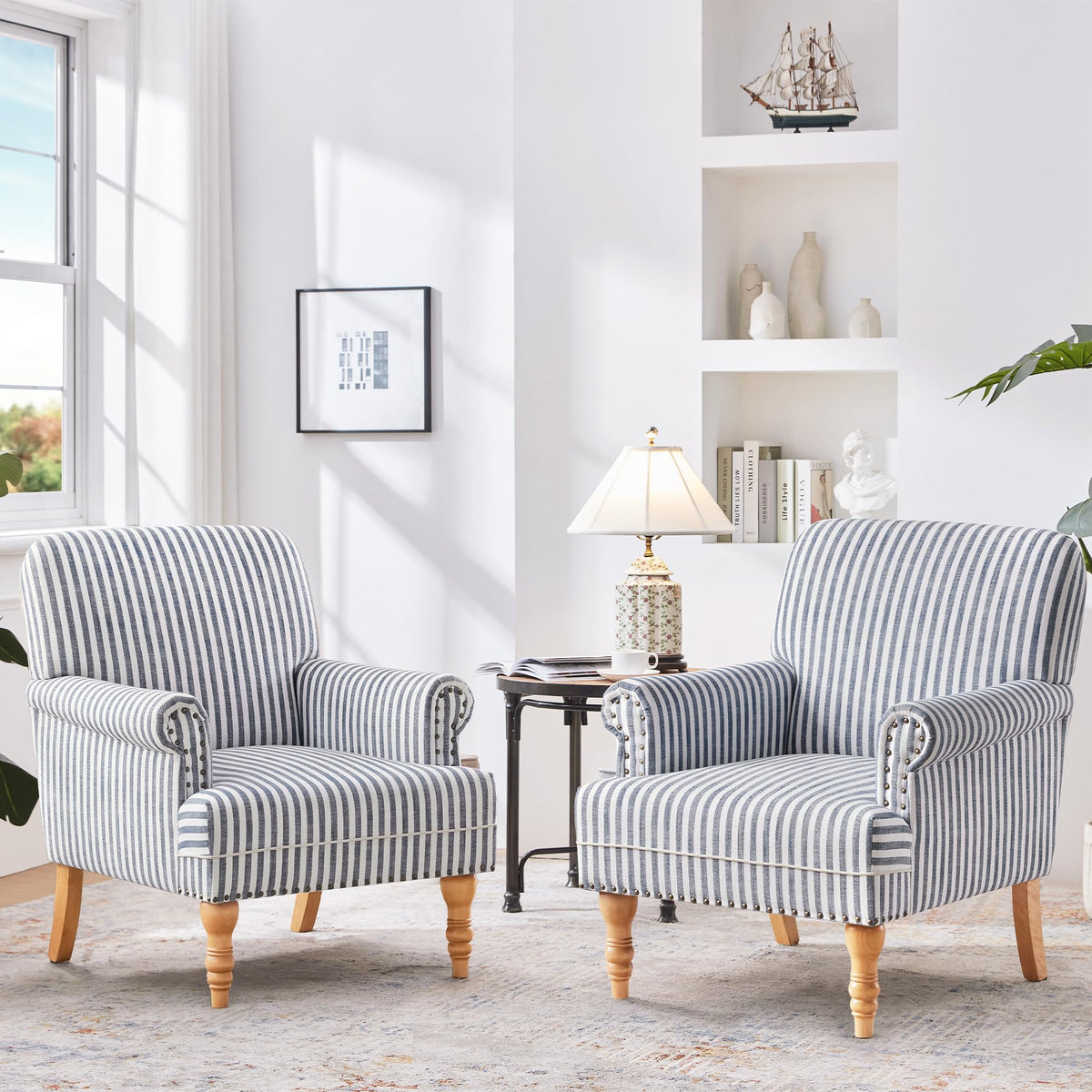Huimo Linen Fabric Accent Chairs Set Of 2, Mid-Century Modern Armchair With Solid Wood Legs, Single Sofa Chair,Upholstered Readi