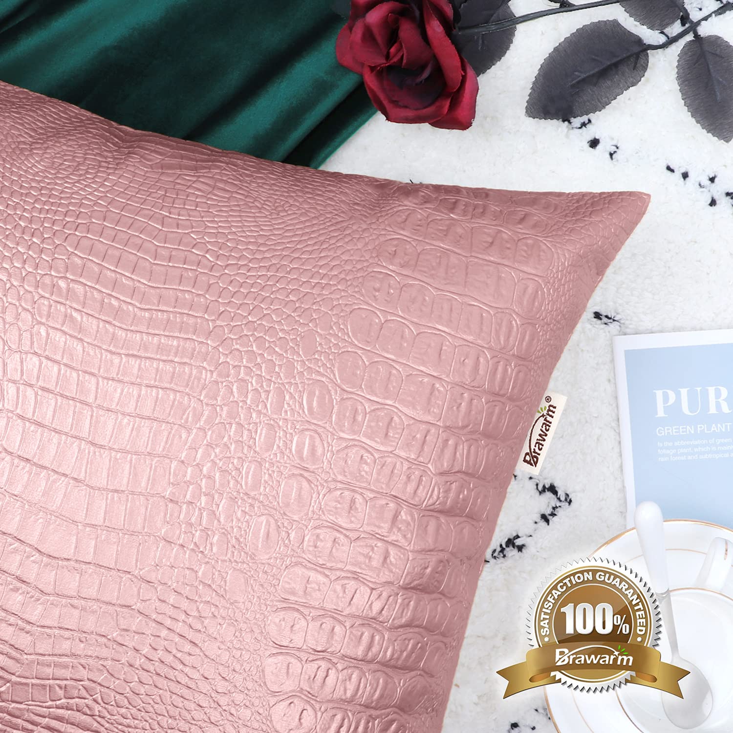 Brawarm Faux Leather Pillow Covers 16 X 16 Inches, Rose Gold Leather Pillow Covers Pack Of 2, Crocodile Leather Decorative Throw