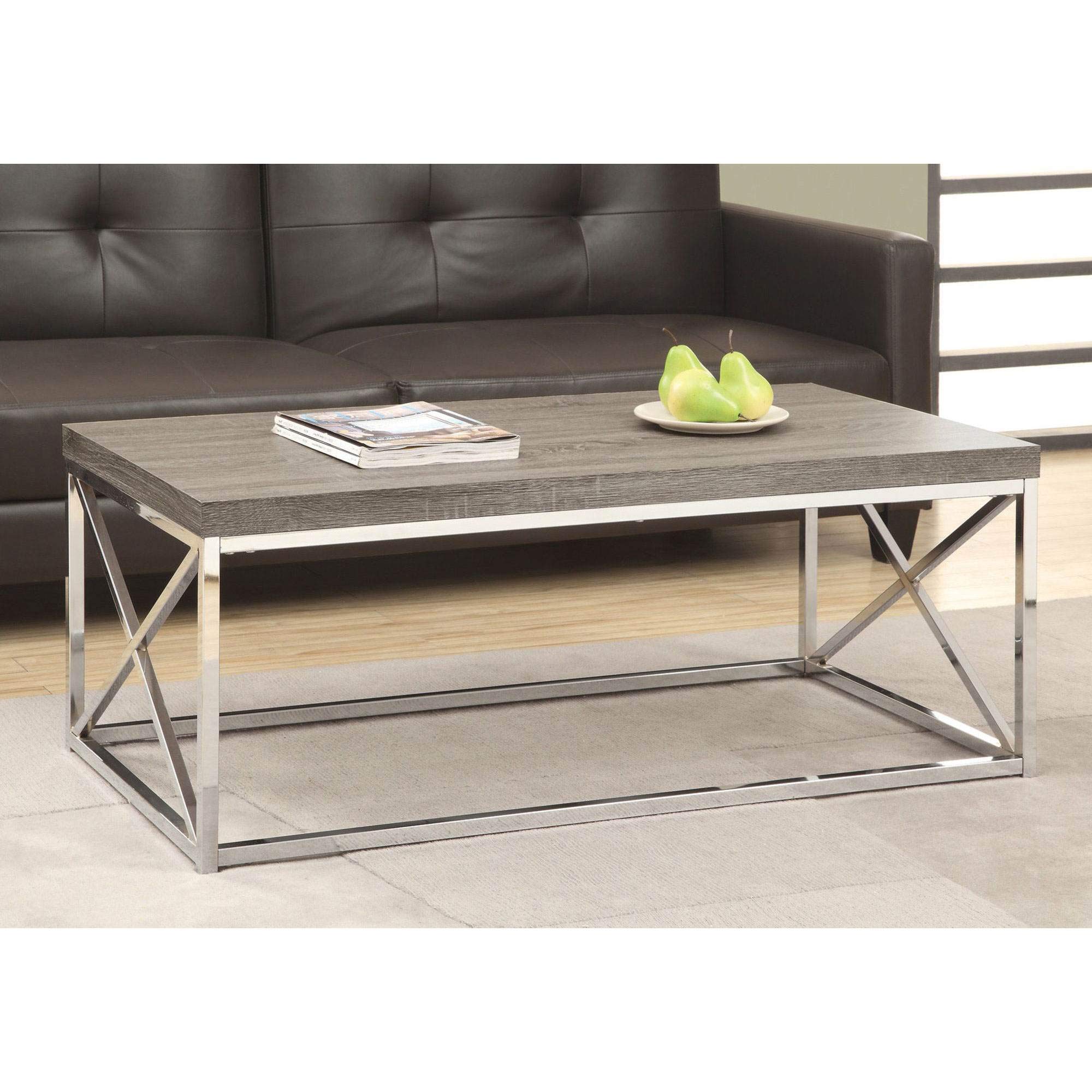 Monarch Specialties Modern Coffee Table for Living Room Center Table with Metal Frame, 44 Inch L, Dark Taupe / Chrome
