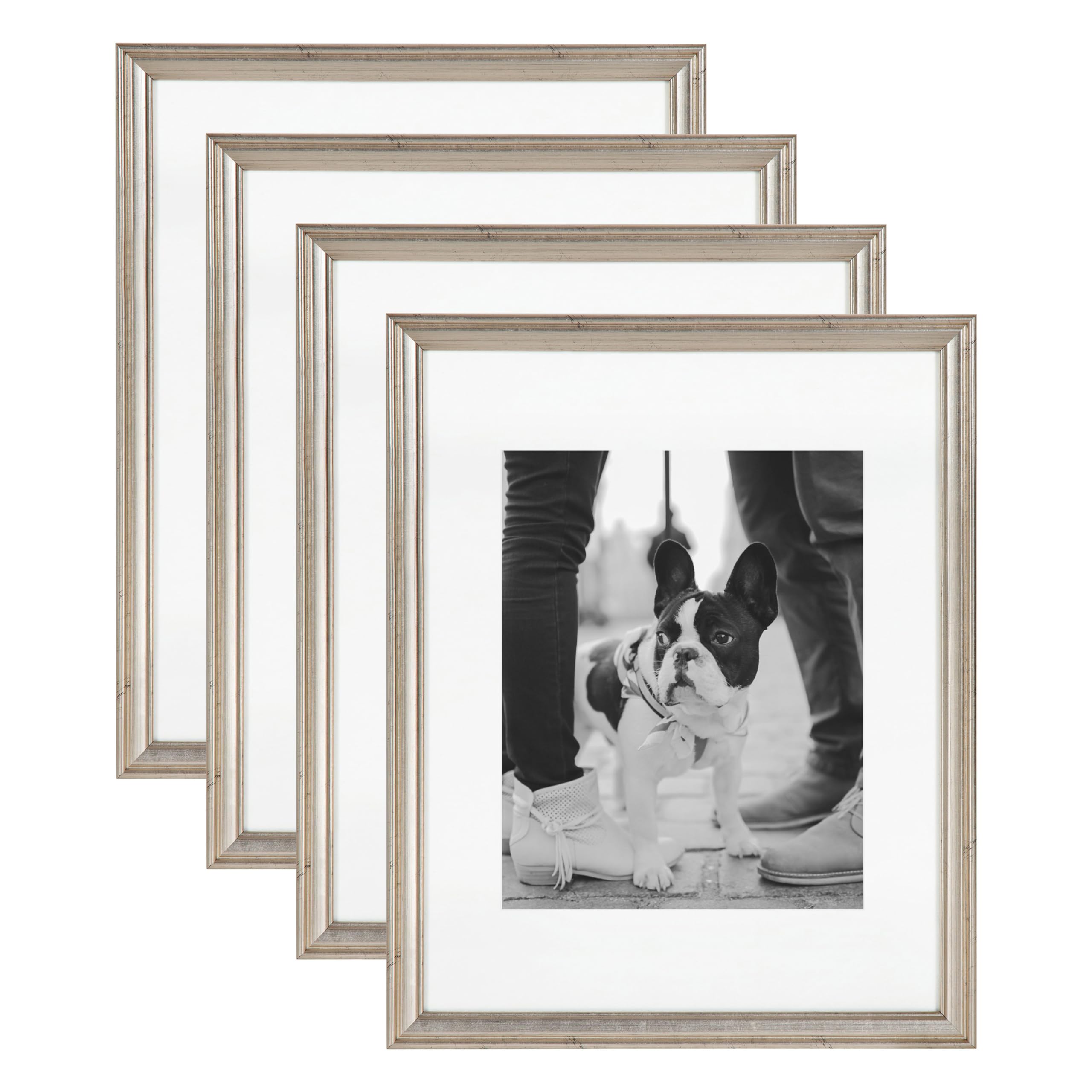 Kate and Laurel Adlynn Rectangle Picture Frame Set of 4, 11 x 14 matted to 8 x 10, Silver, Glam Four-Piece Frame Set for Gallery