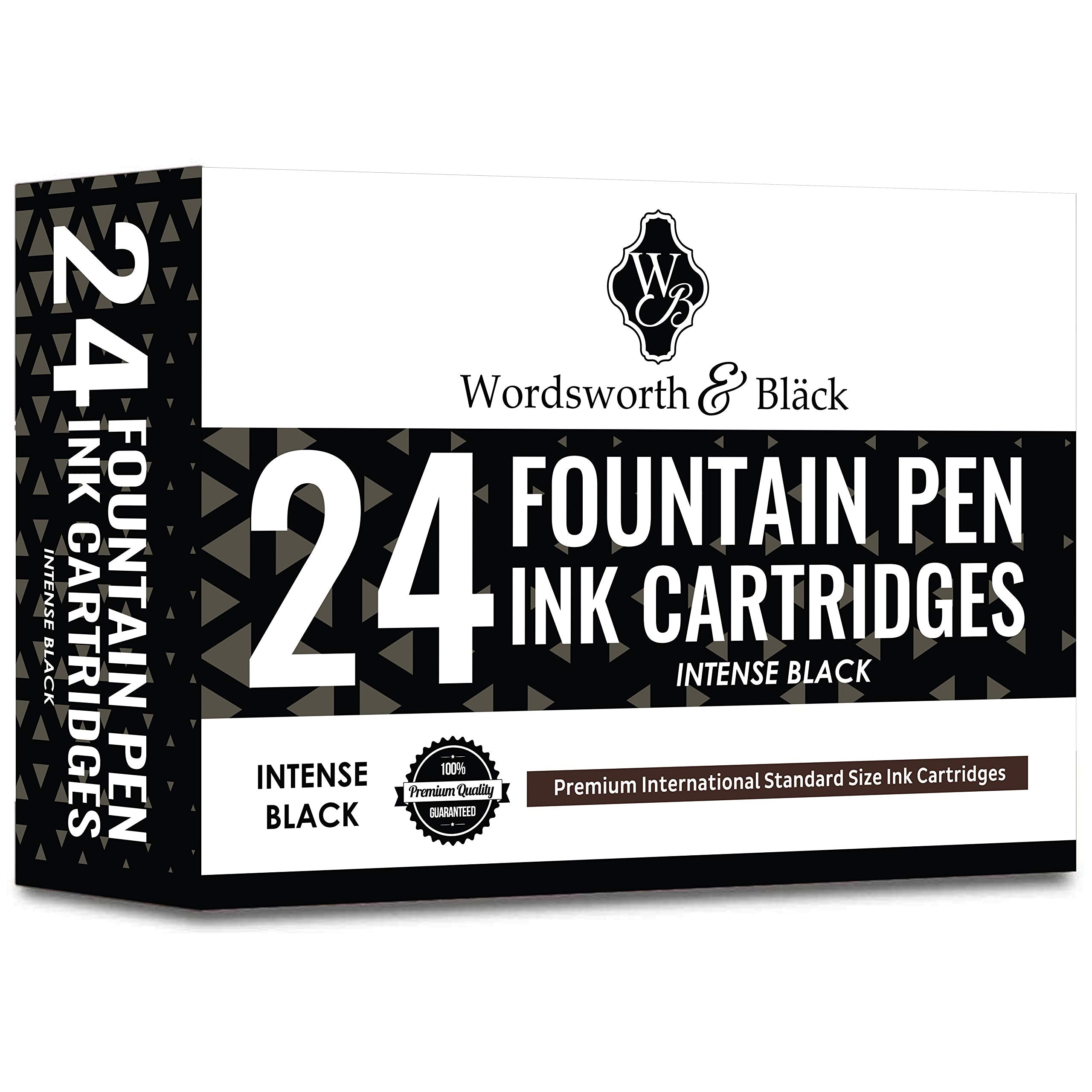 Wordsworth & Black 24 Pack Fountain Pen Ink Refills - Set Of 24 Black Ink Cartridges - International Standard Size - Length Appr