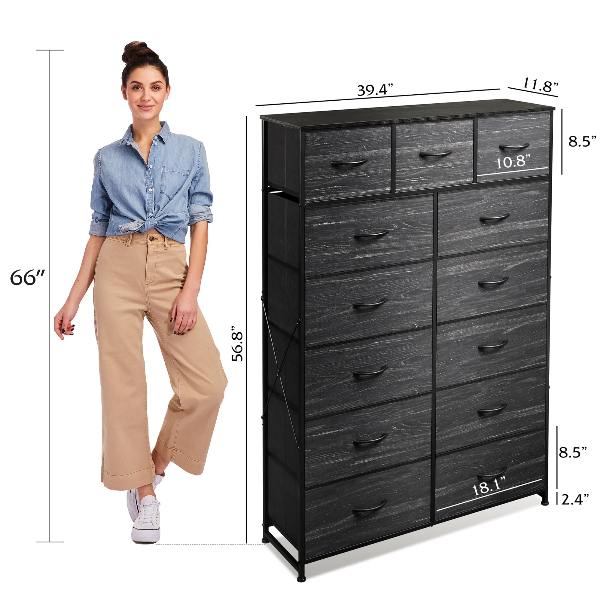 Wlive Tall Dresser For Bedroom With 13 Drawers, Storage Dresser Organizer Unit, Fabric Dresser For Bedroom, Closet, Chest Of Drawers, Steel Frame, Wood Top, Charcoal Black Wood Grain Print