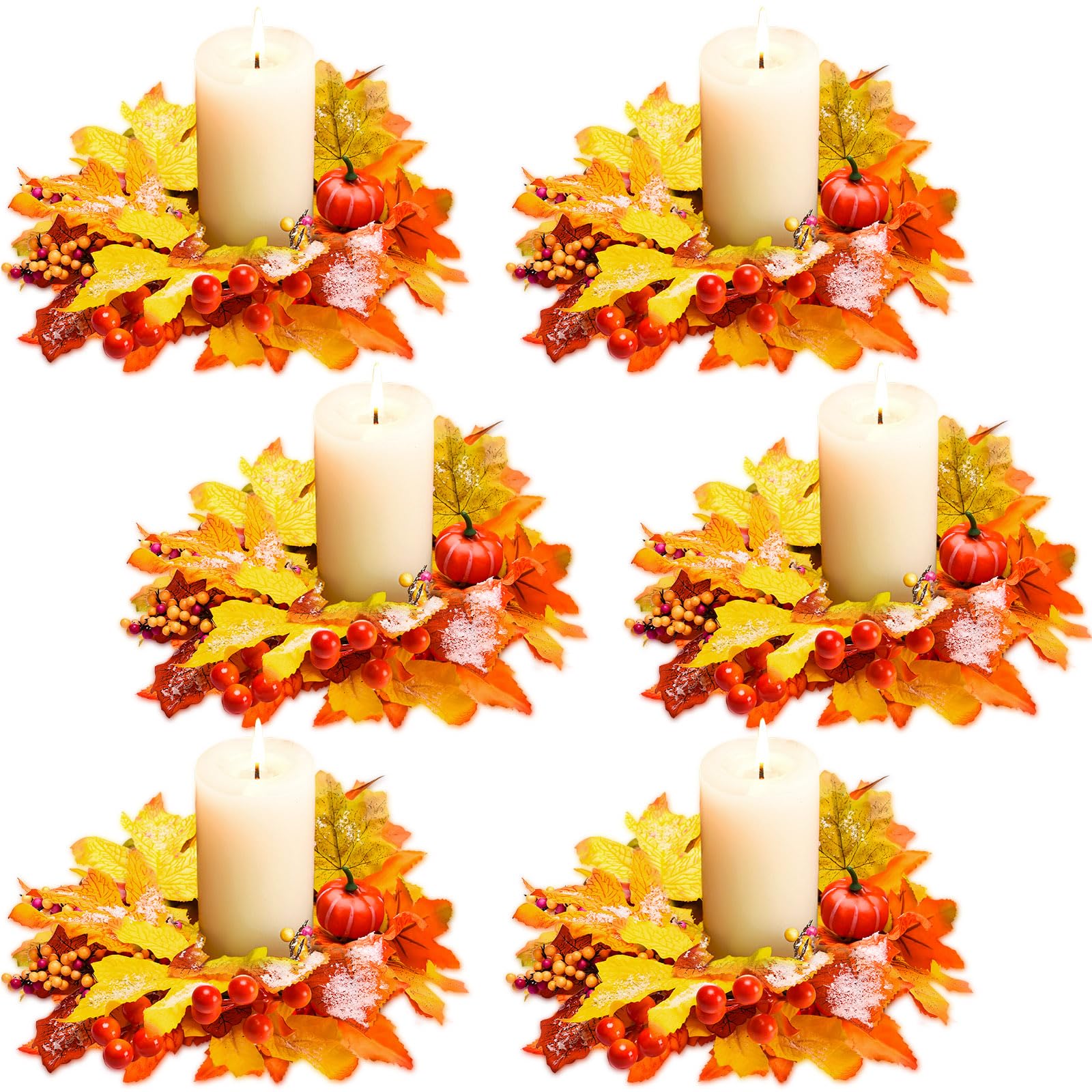 6 Pcs Fall Candle Rings Wreaths Thanksgiving Artificial Pumpkin Maple Leaf Candle Garland with Berries Candle Rings for Pillars 