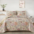 Wongs Bedding Floral Quilt Set King Size, Khaki Botanical King Bedspread Bedding Sets Soft Lightweight Microfiber Flower Coverle