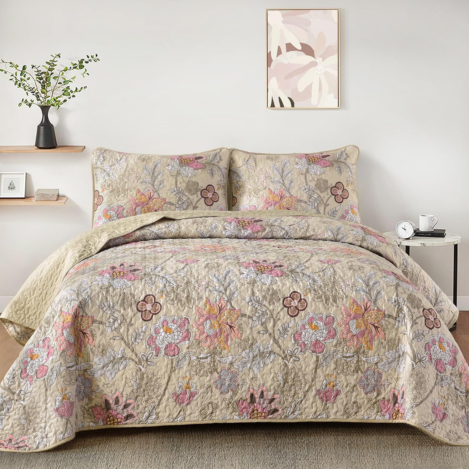 Wongs Bedding Floral Quilt Set King Size, Khaki Botanical King Bedspread Bedding Sets Soft Lightweight Microfiber Flower Coverle