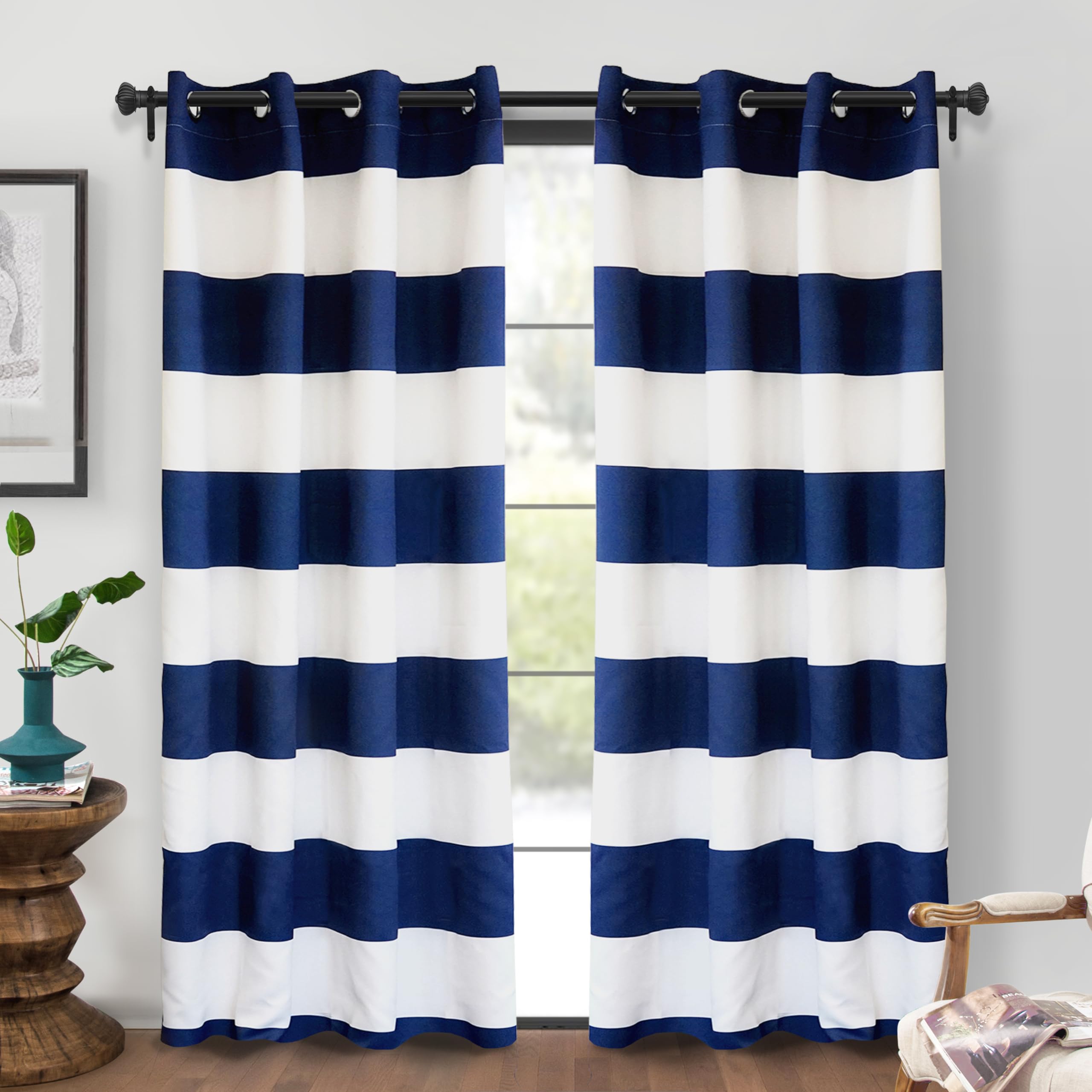 DriftAway Navy Stripe Room Darkening Window Curtains 84 Inch Long Striped Grommet Drapes for Bedroom Living Room Kitchen Thermal