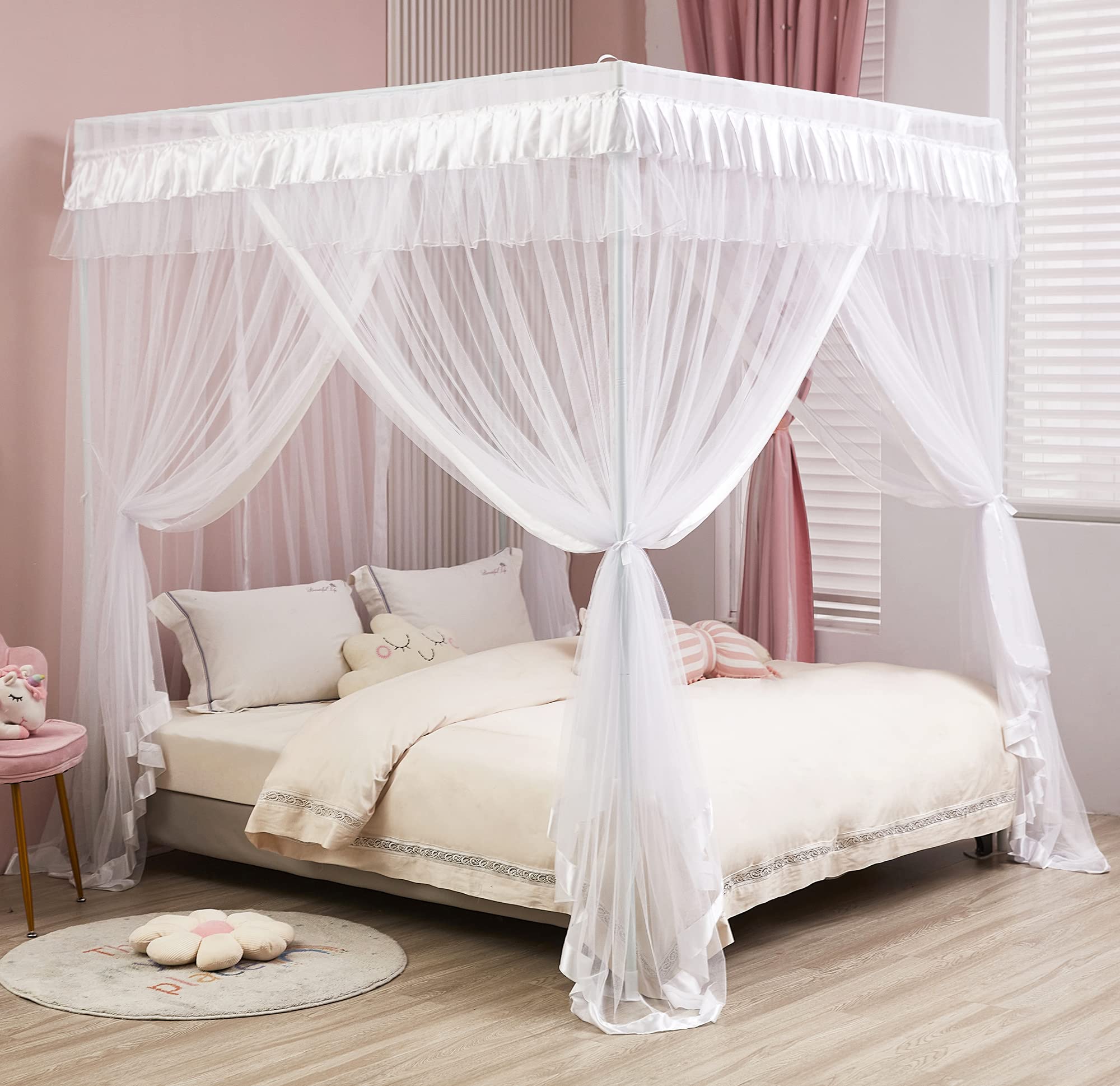 Mengersi 4 Corners Post Canopy Bed Curtains For Girls Kids Adults Queen Size- Cute Cozy Drape Square Netting - 4 Opening Mosquit